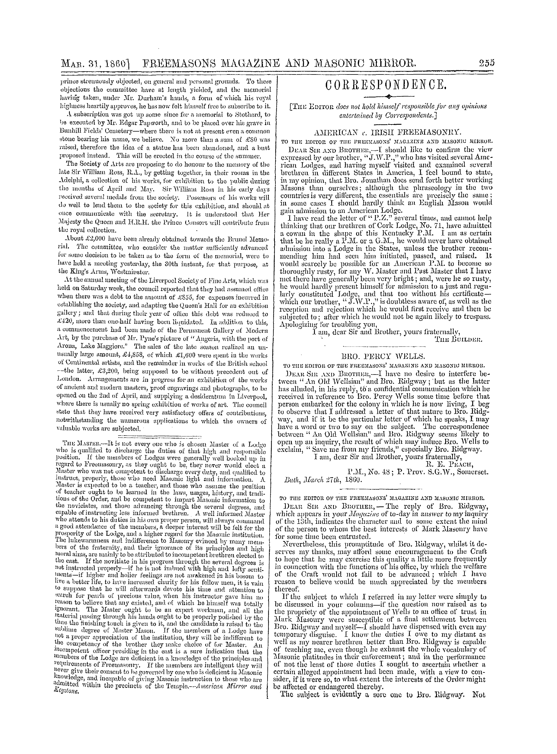 The Freemasons' Monthly Magazine: 1860-03-31 - Masonic Notes And Quekies.