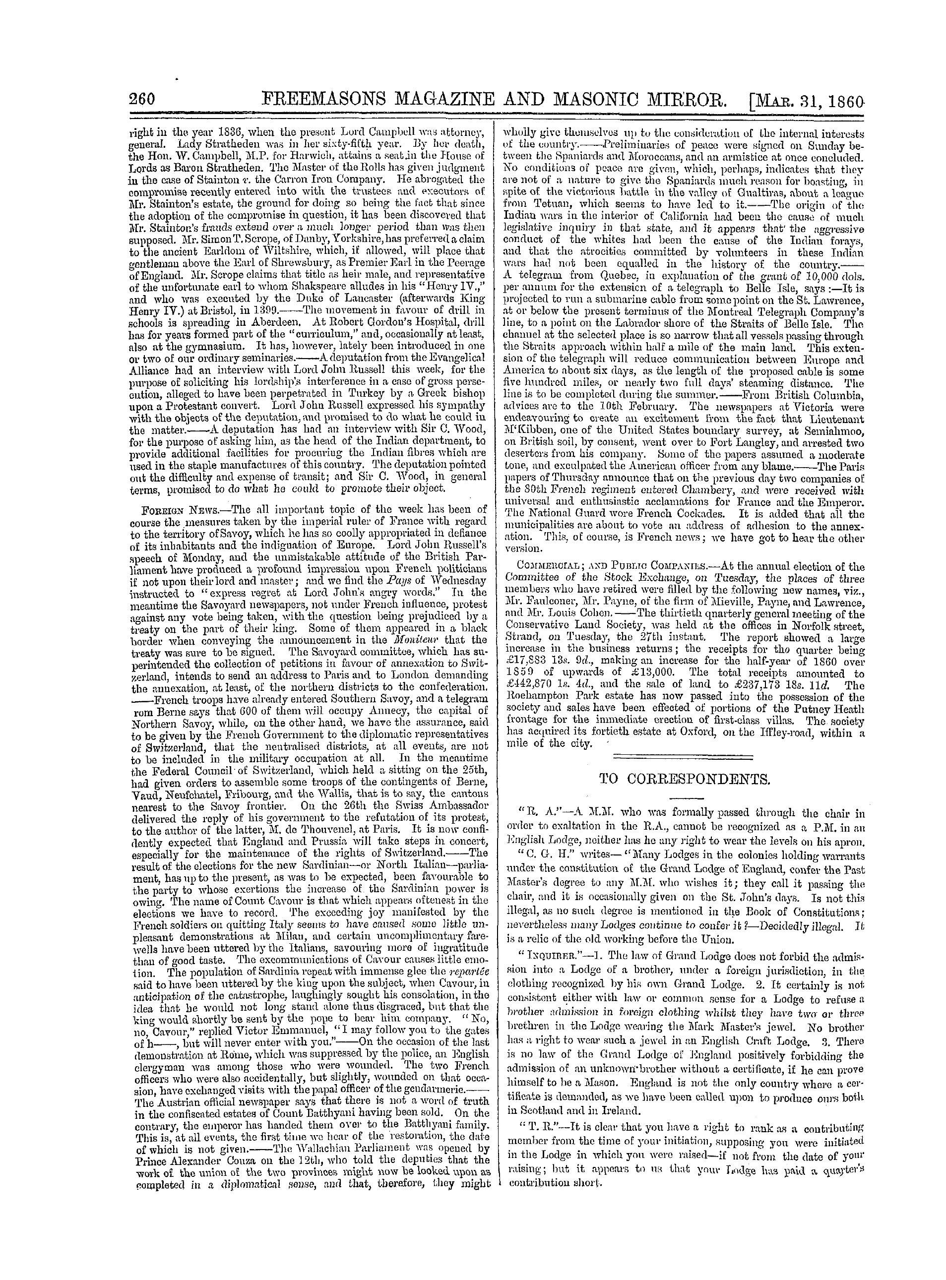 The Freemasons' Monthly Magazine: 1860-03-31 - To Correspondents.