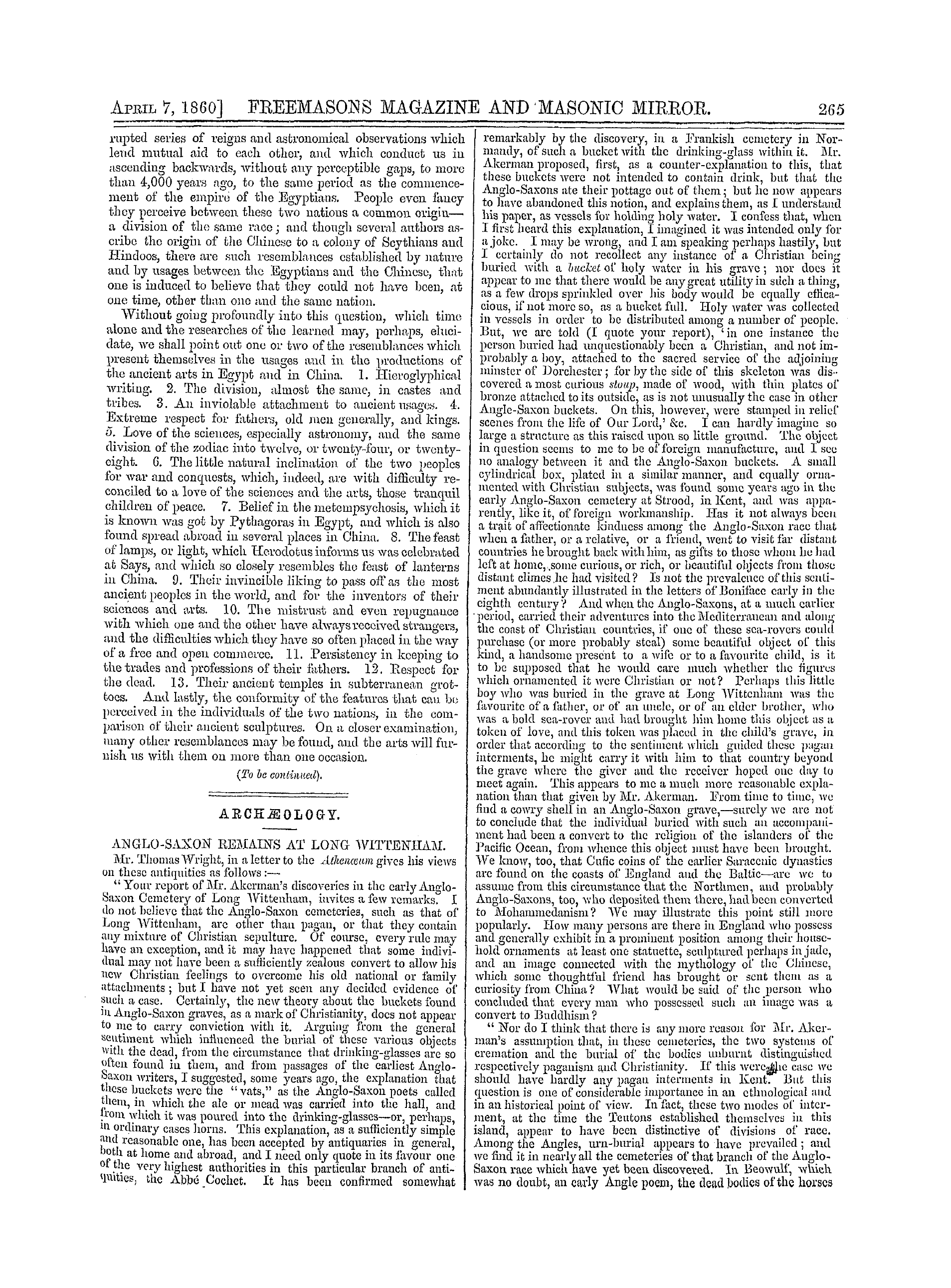 The Freemasons' Monthly Magazine: 1860-04-07 - Archæology.