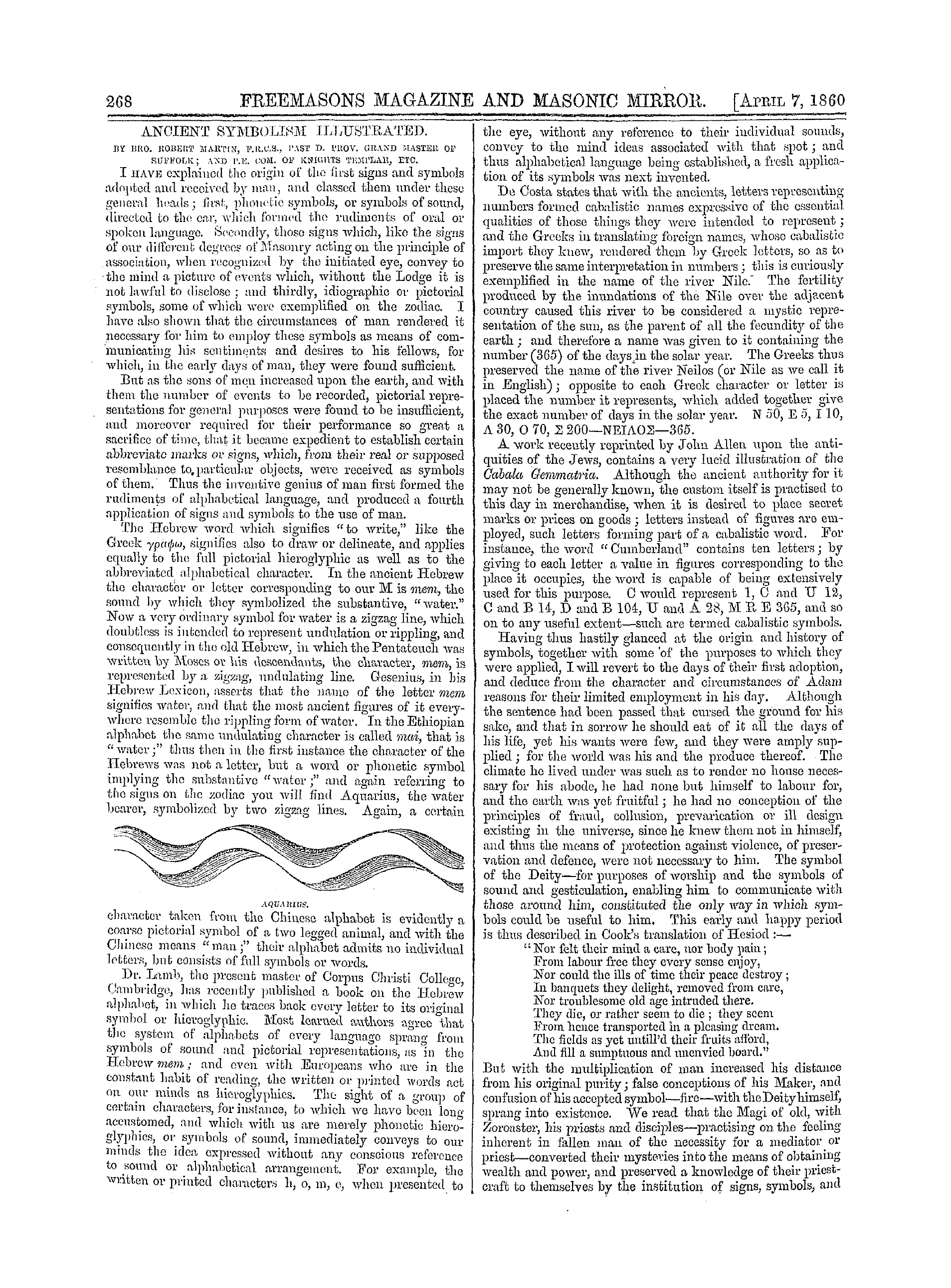 The Freemasons' Monthly Magazine: 1860-04-07 - Ancient Symbolism Illustrated.