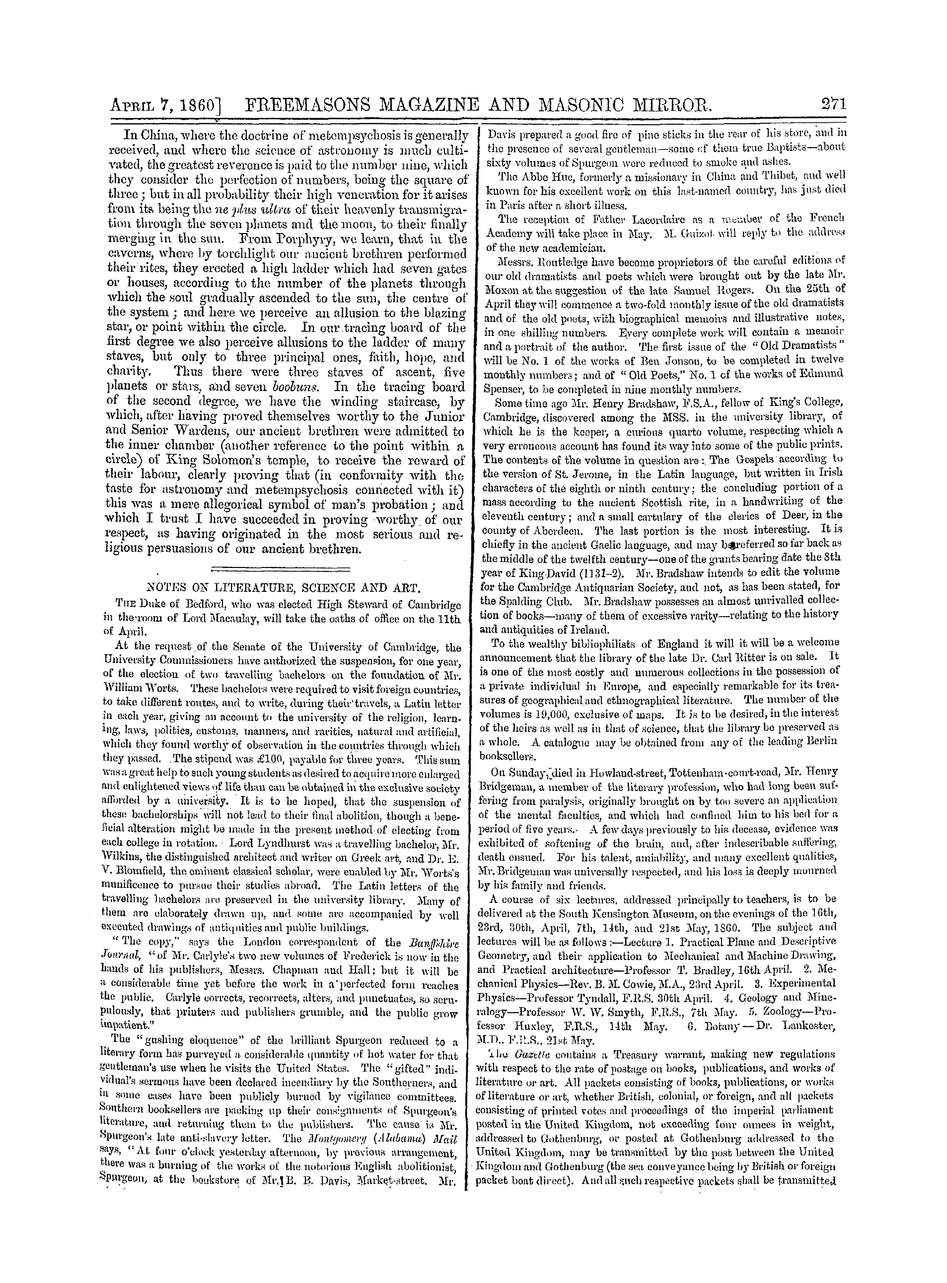 The Freemasons' Monthly Magazine: 1860-04-07: 11