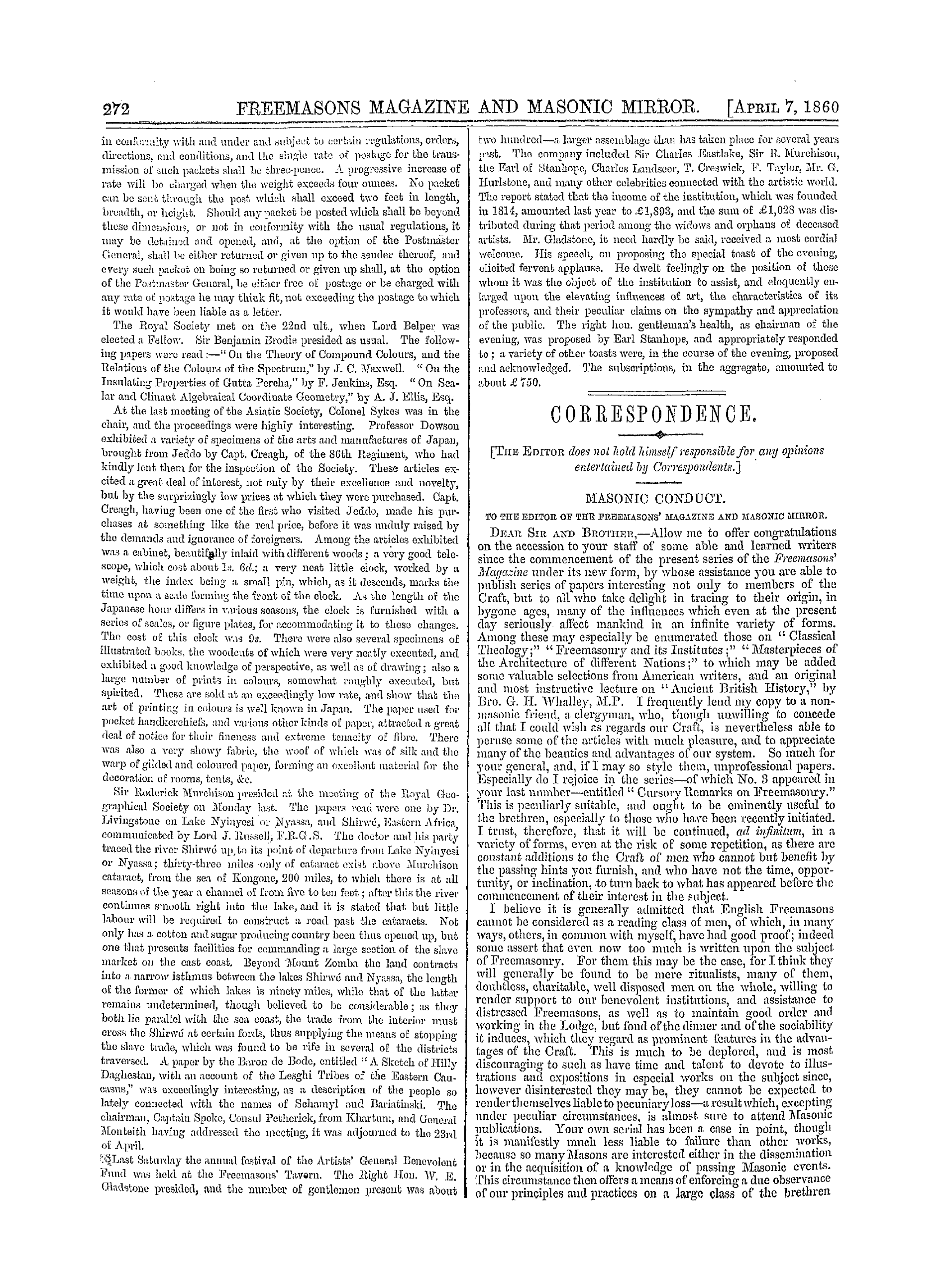 The Freemasons' Monthly Magazine: 1860-04-07 - Notes On Literature, Science And Art.