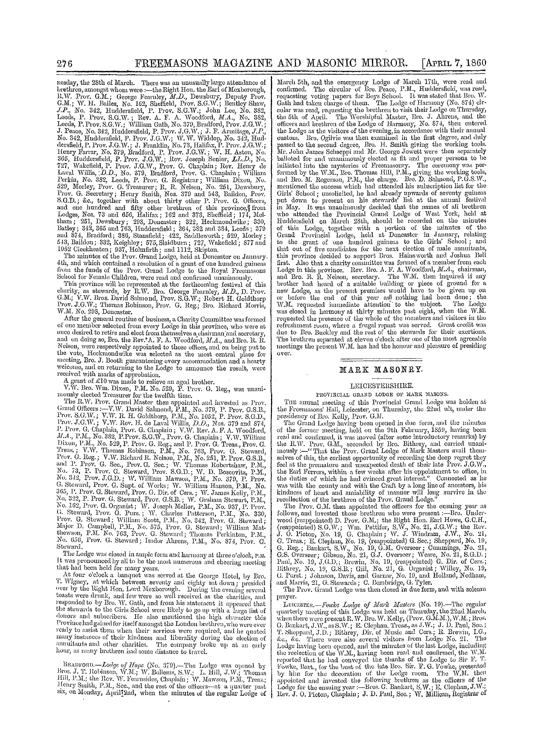 The Freemasons' Monthly Magazine: 1860-04-07 - Provincial.