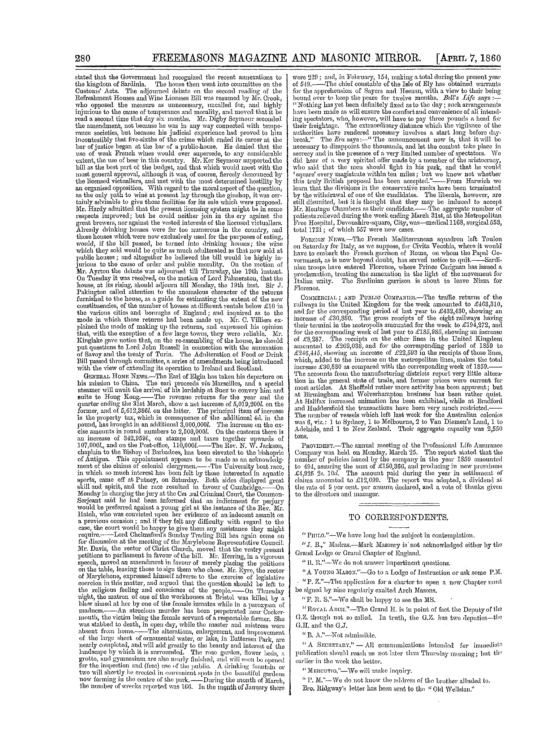 The Freemasons' Monthly Magazine: 1860-04-07 - The Week.