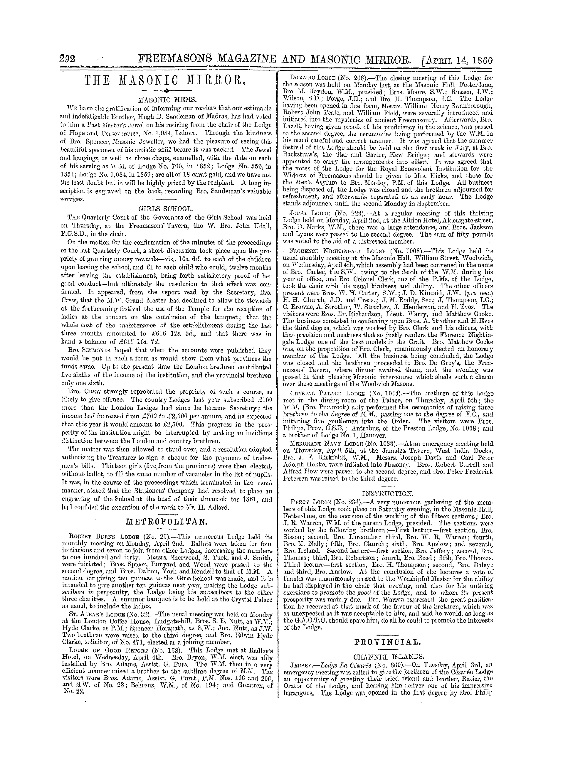 The Freemasons' Monthly Magazine: 1860-04-14 - Metropolitan.