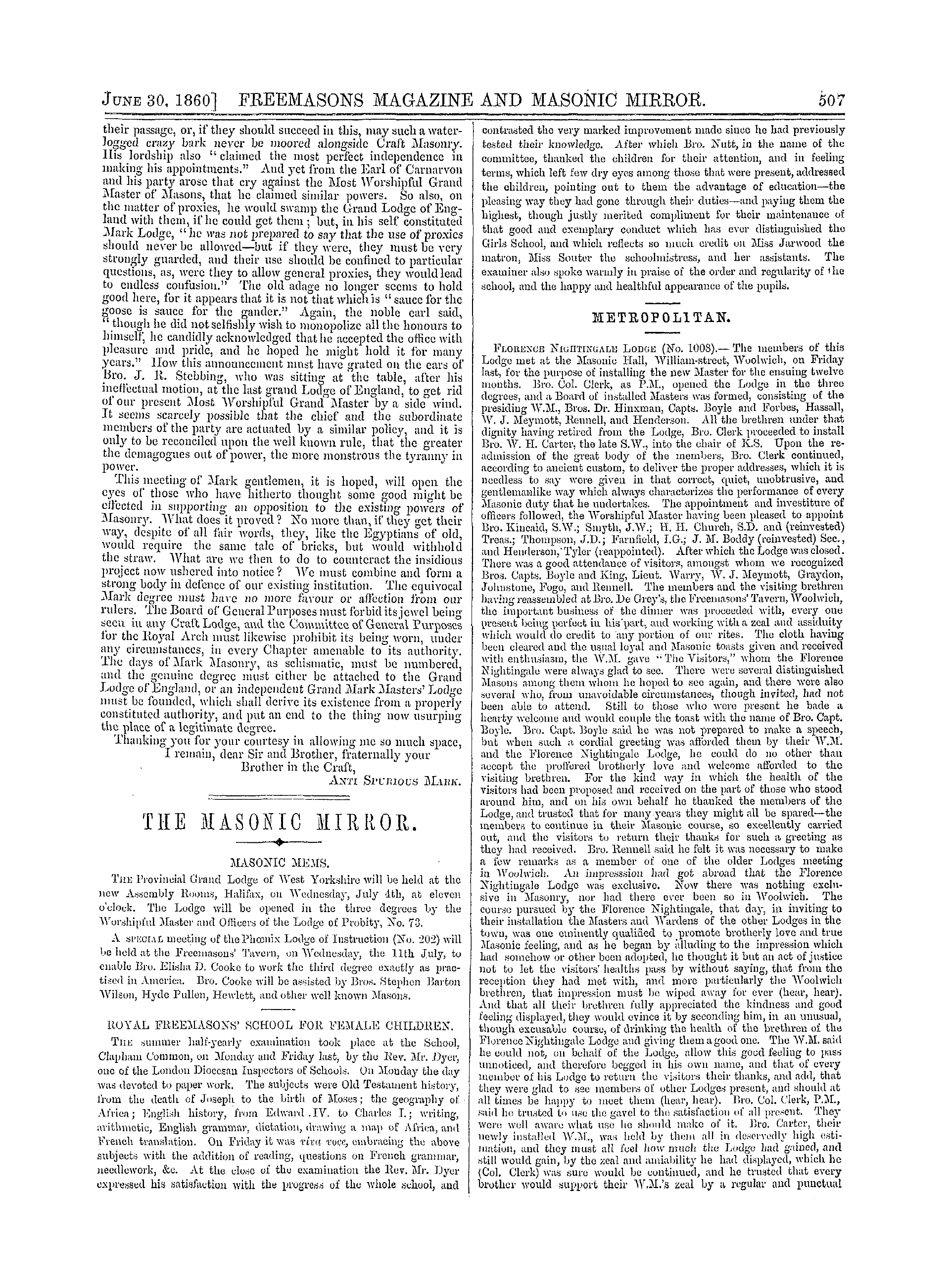 The Freemasons' Monthly Magazine: 1860-06-30 - The Masonic Mirror.