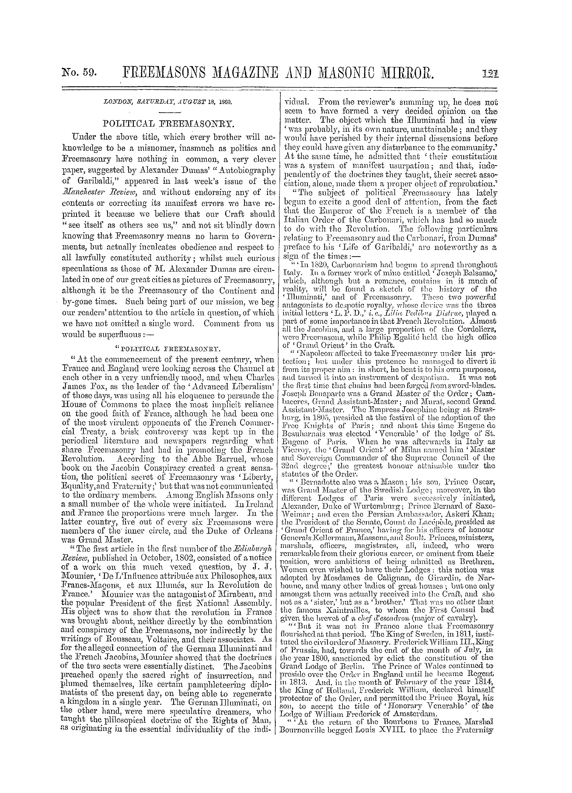 The Freemasons' Monthly Magazine: 1860-08-18 - Political Freemasonry.