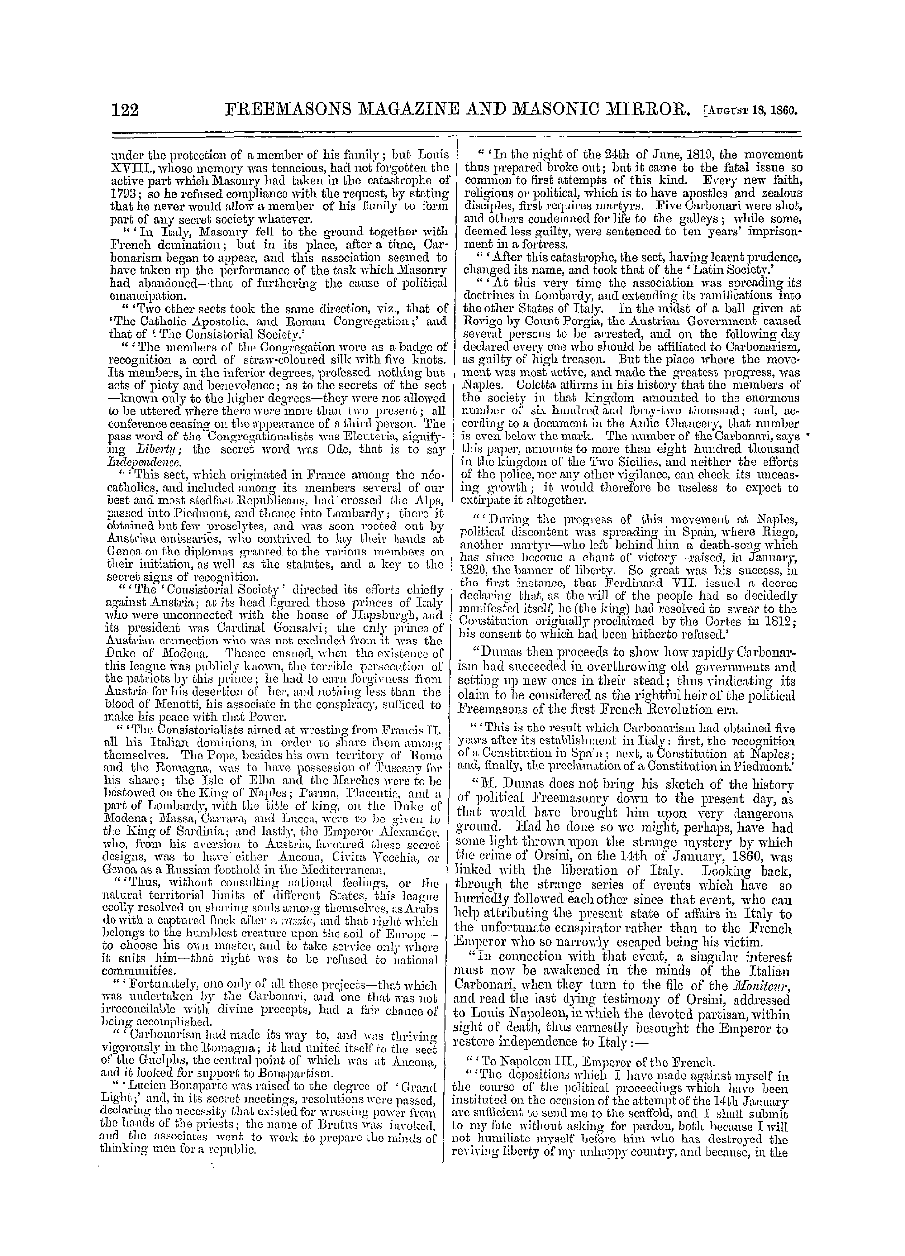 The Freemasons' Monthly Magazine: 1860-08-18 - Political Freemasonry.