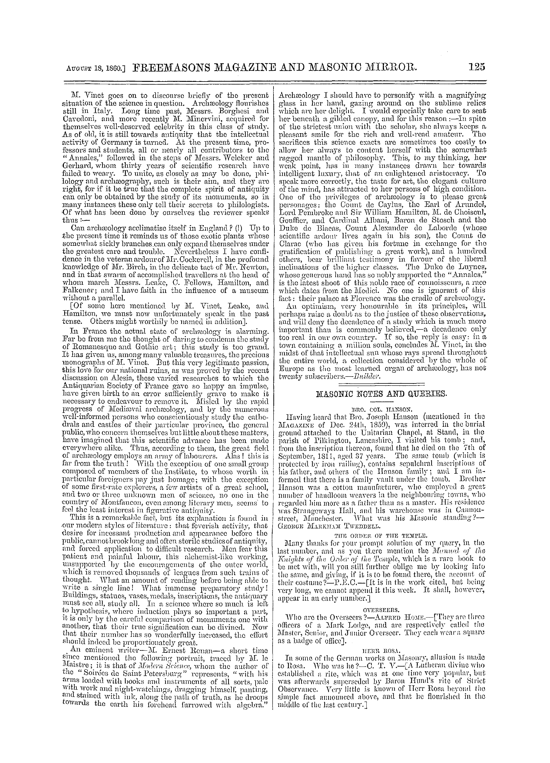 The Freemasons' Monthly Magazine: 1860-08-18 - Masonic Notes And Queries.