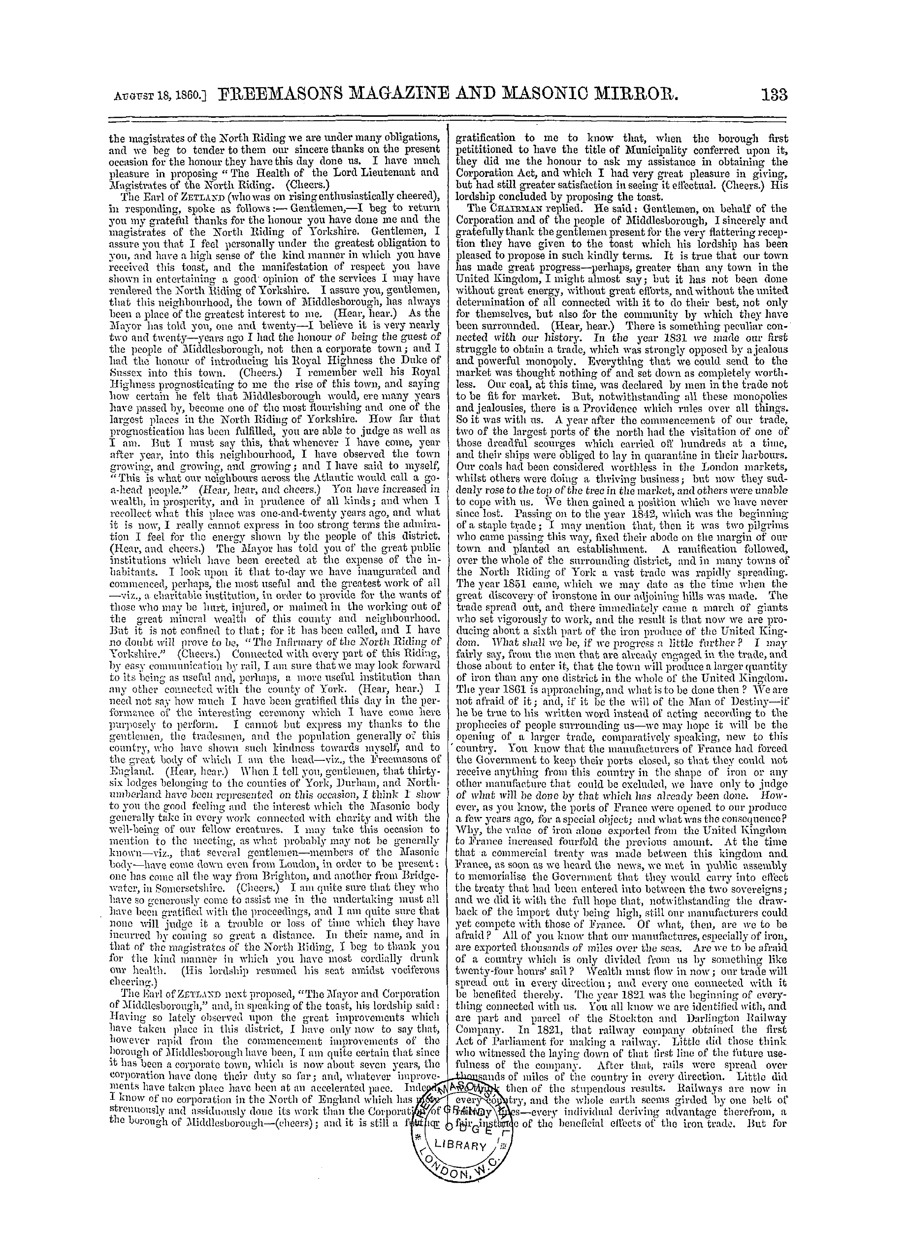 The Freemasons' Monthly Magazine: 1860-08-18 - Yorkshire (North).