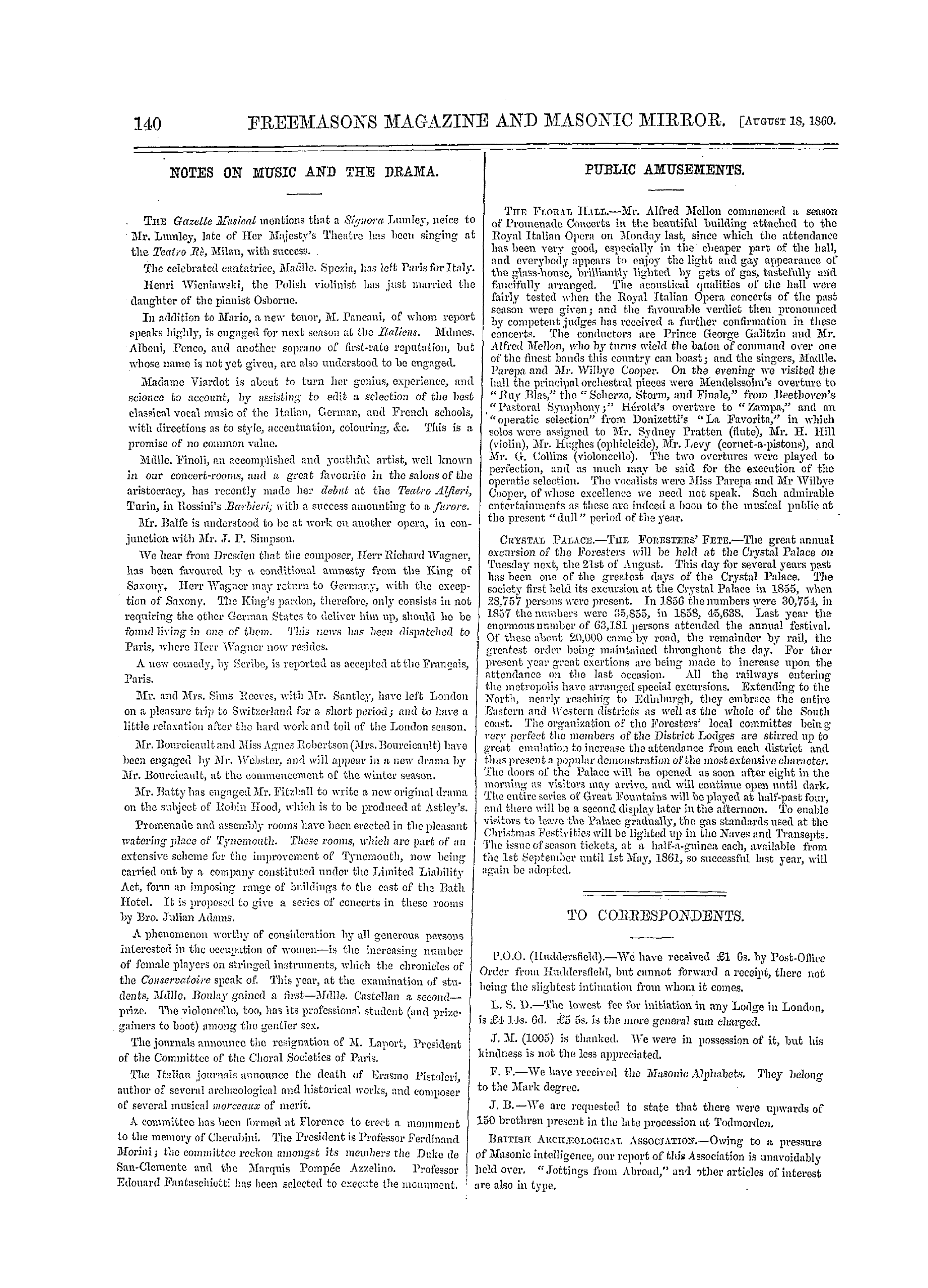 The Freemasons' Monthly Magazine: 1860-08-18 - Public Amusements.