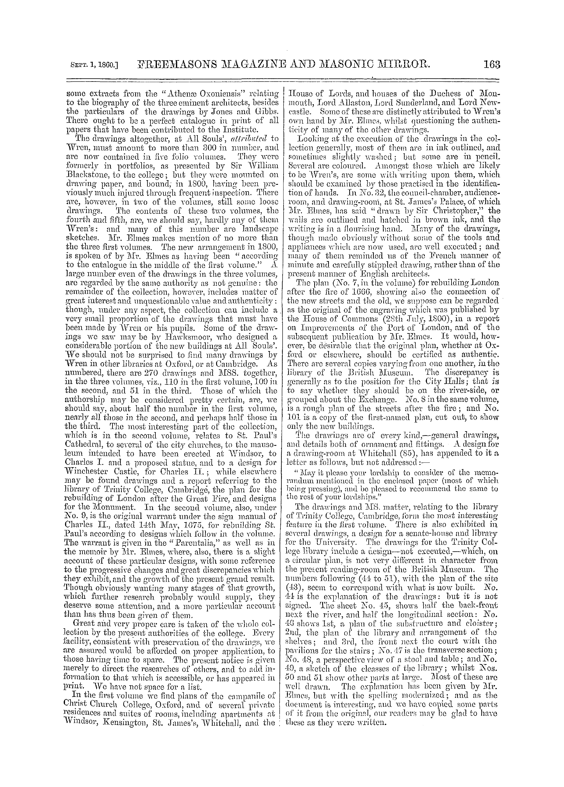 The Freemasons' Monthly Magazine: 1860-09-01 - Drawings By Sir Christopher Wren.*