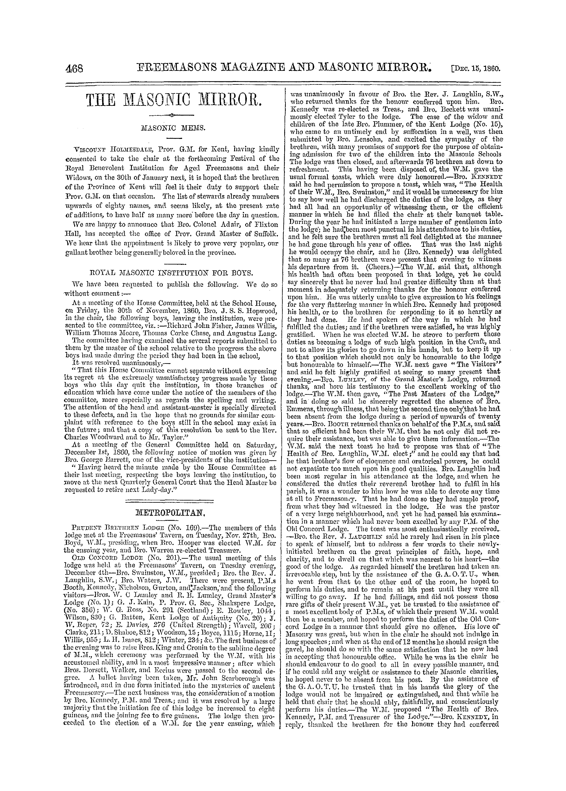 The Freemasons' Monthly Magazine: 1860-12-15 - Metropolitan.