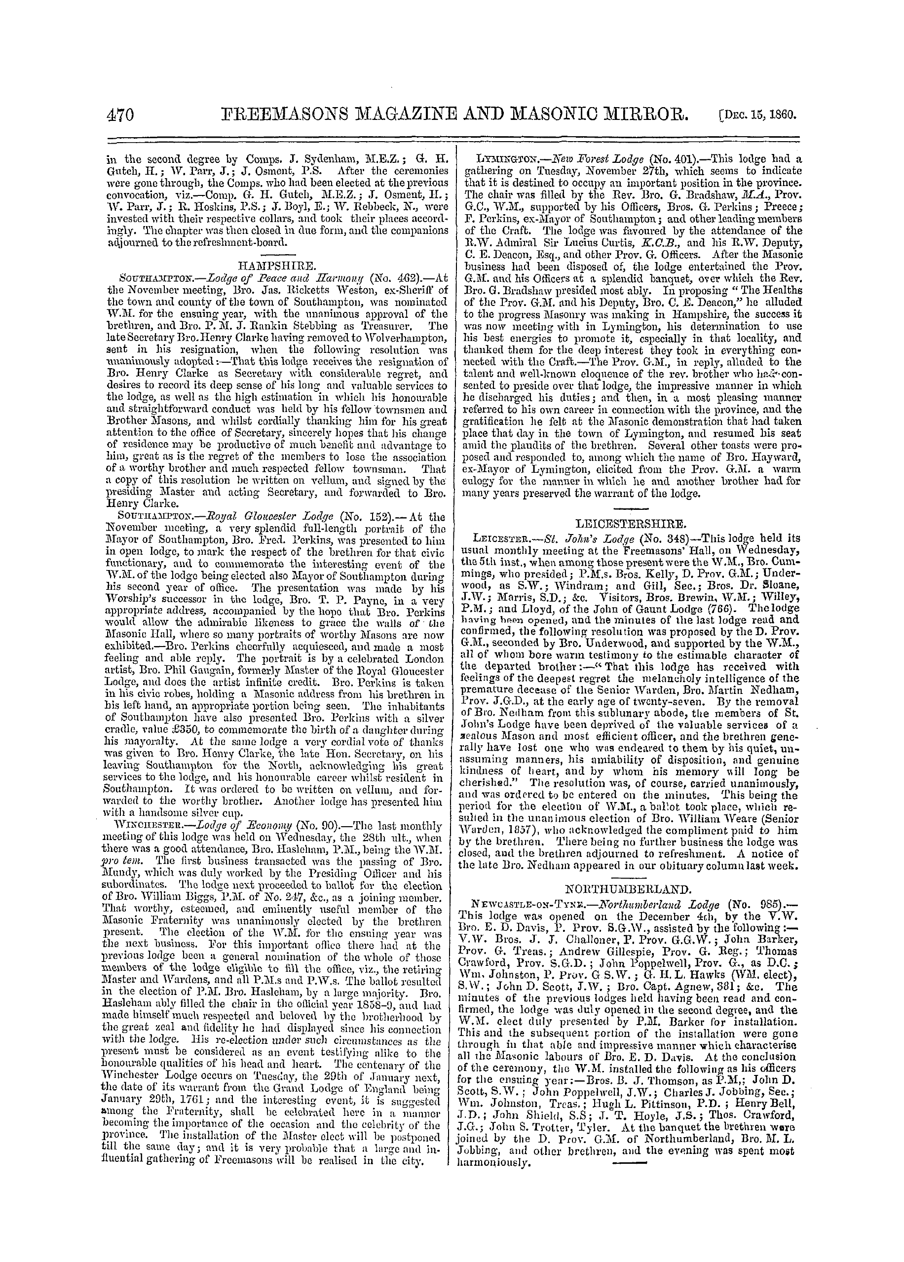 The Freemasons' Monthly Magazine: 1860-12-15 - Provincial.