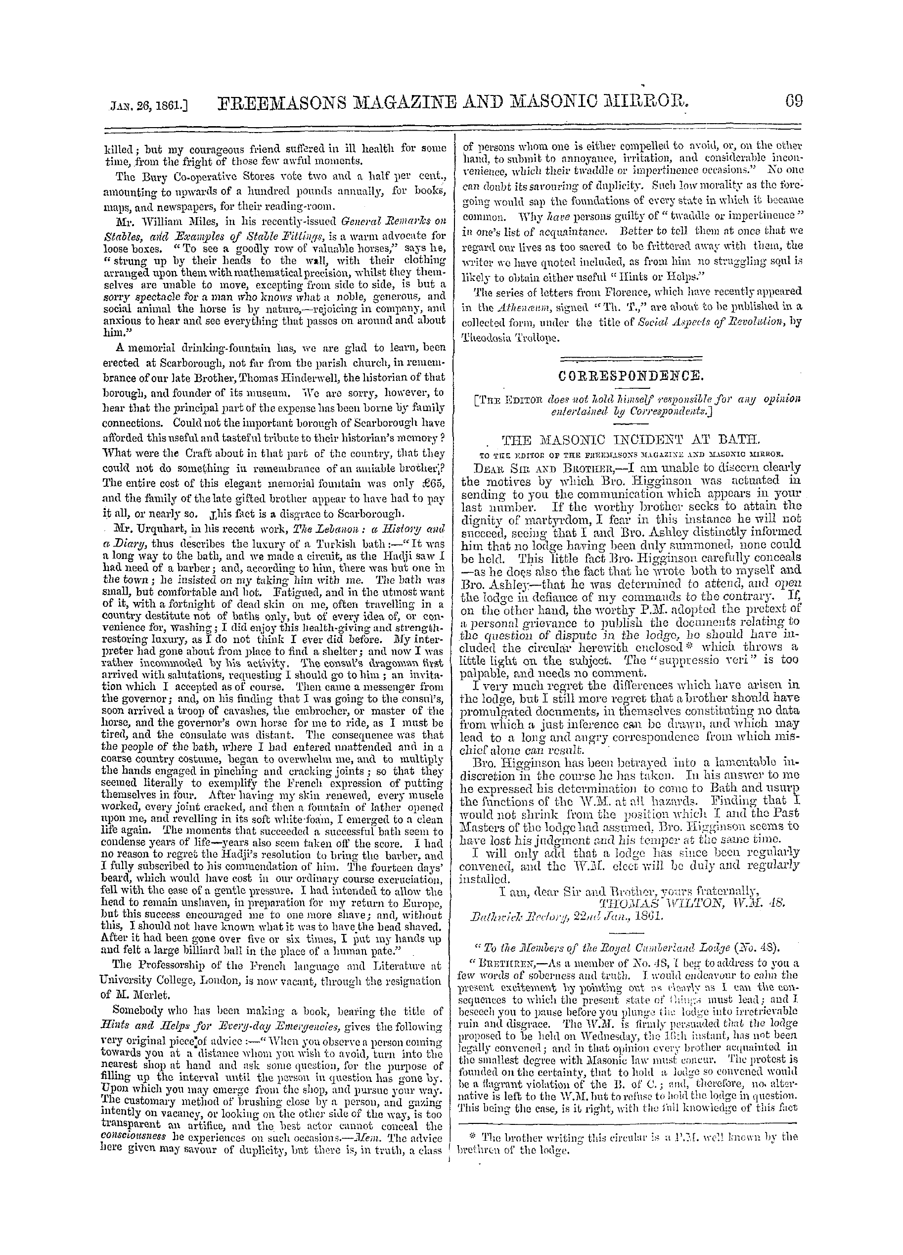 The Freemasons' Monthly Magazine: 1861-01-26 - Notes On Literature, Science, And Art.