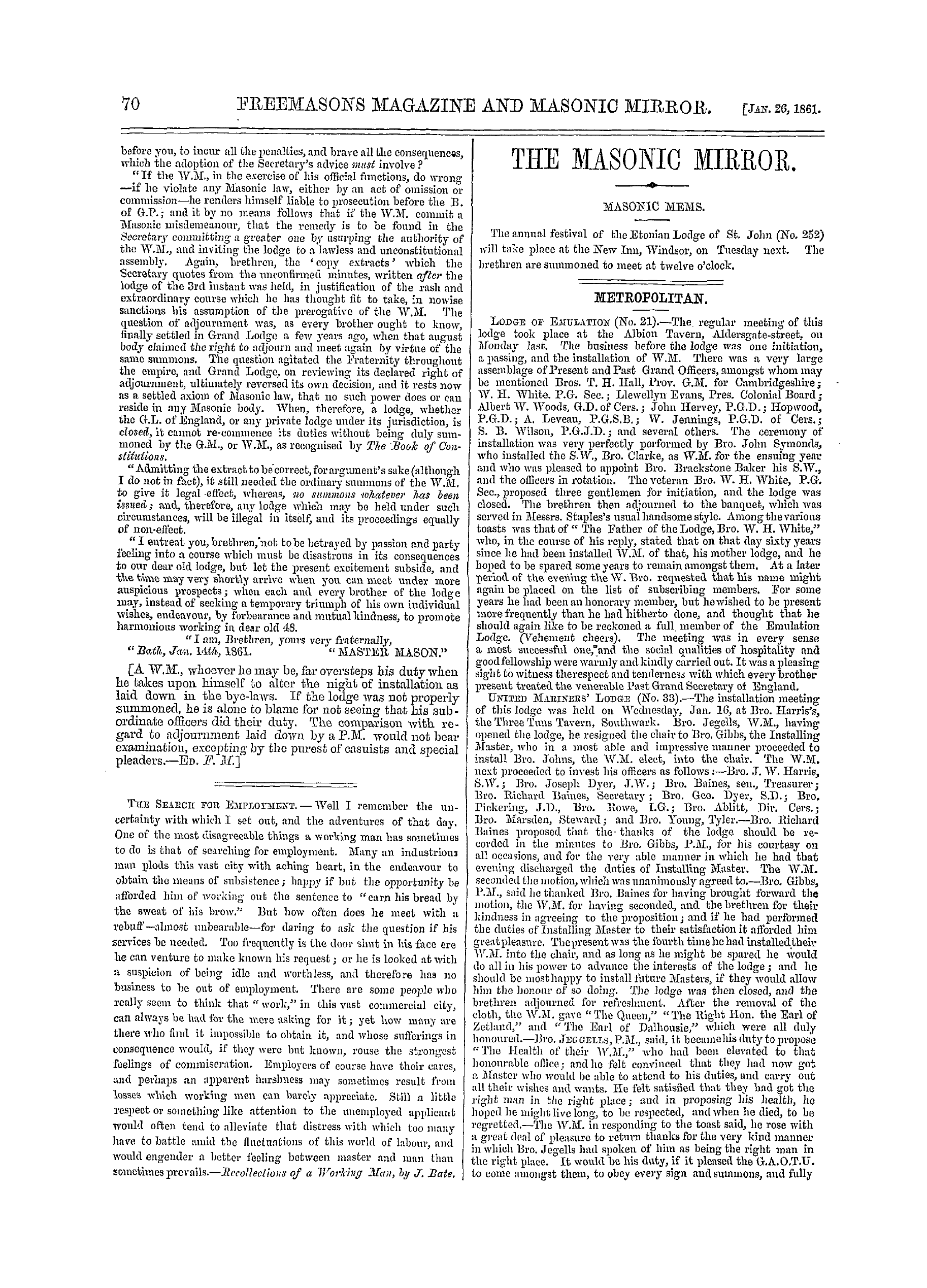 The Freemasons' Monthly Magazine: 1861-01-26 - Metropolitan.