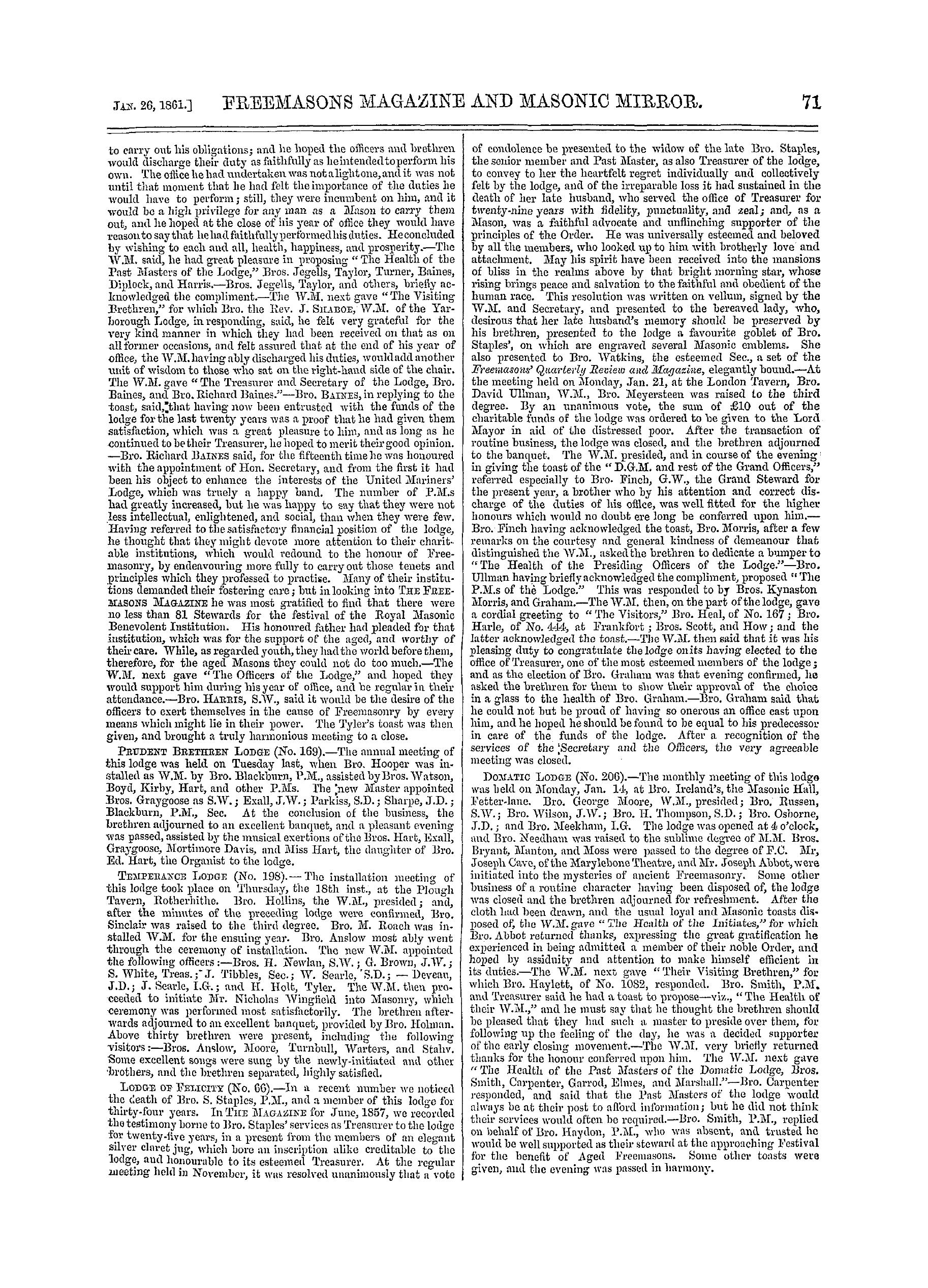 The Freemasons' Monthly Magazine: 1861-01-26 - Metropolitan.