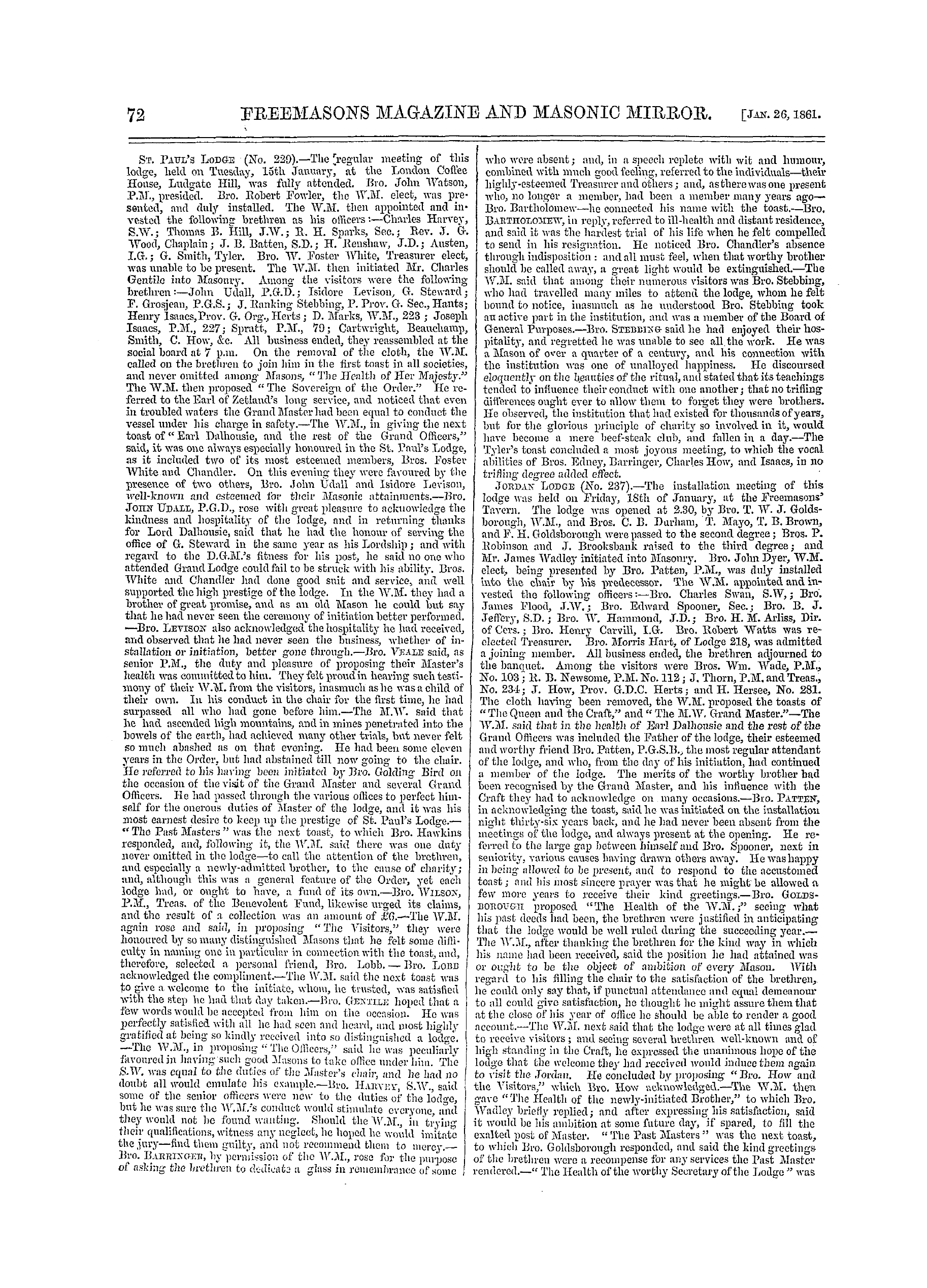 The Freemasons' Monthly Magazine: 1861-01-26 - Metropolitan.