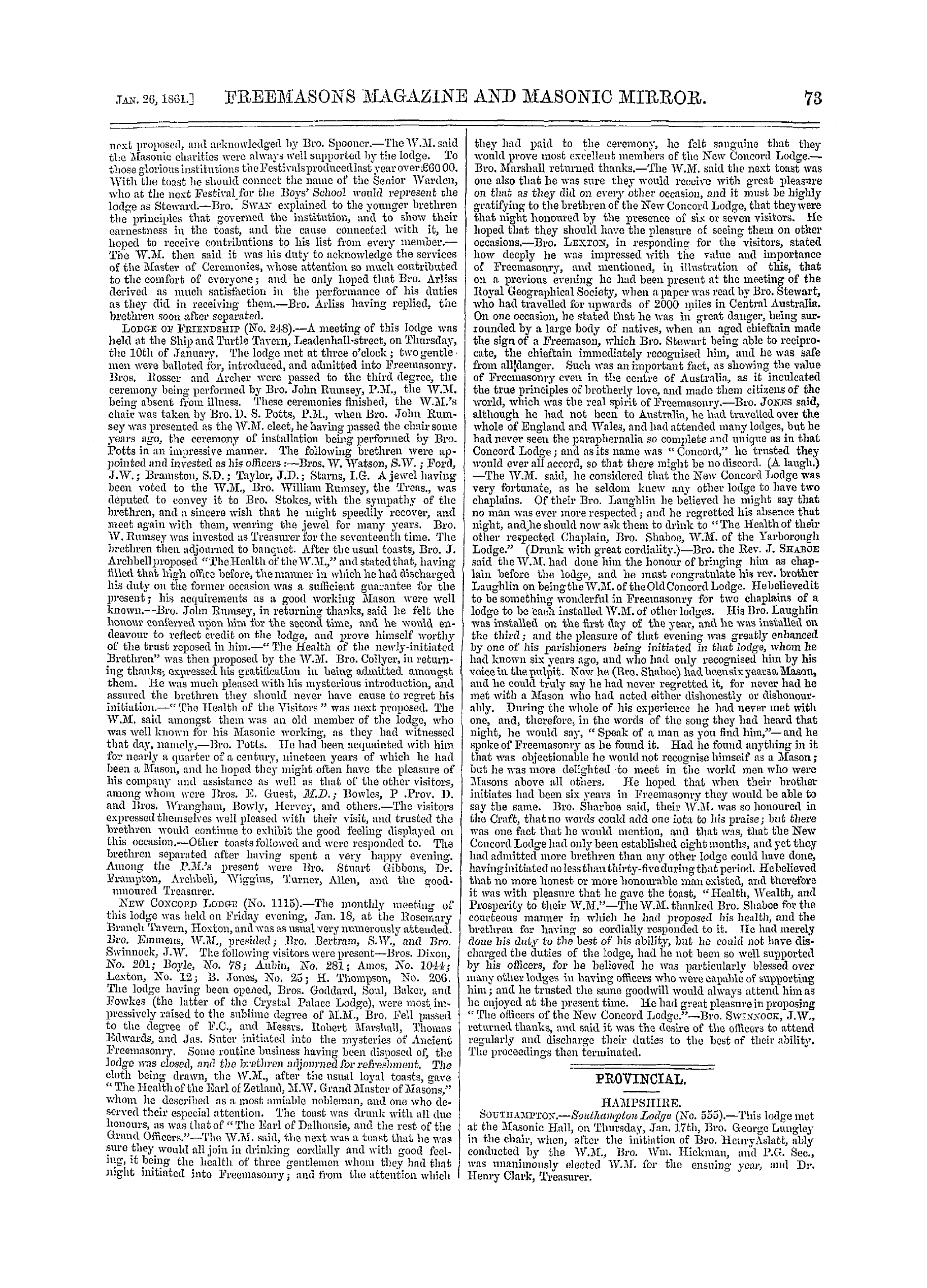 The Freemasons' Monthly Magazine: 1861-01-26 - Provincial.