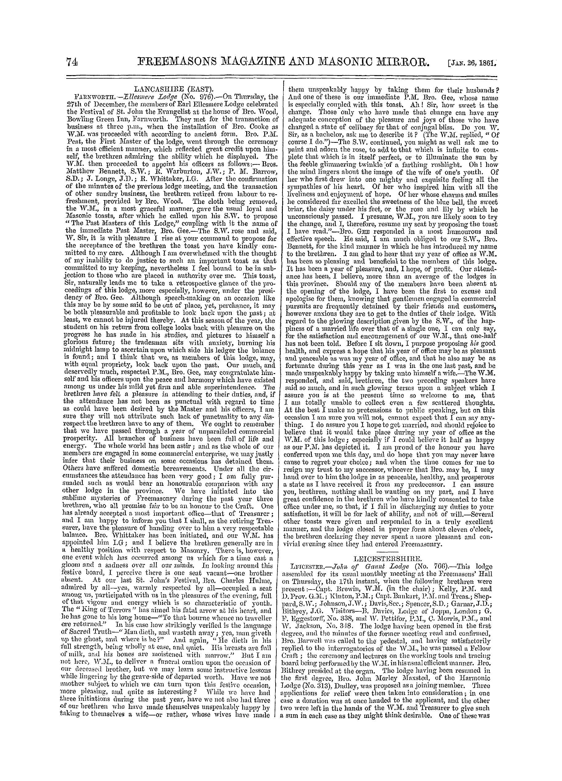 The Freemasons' Monthly Magazine: 1861-01-26 - Provincial.