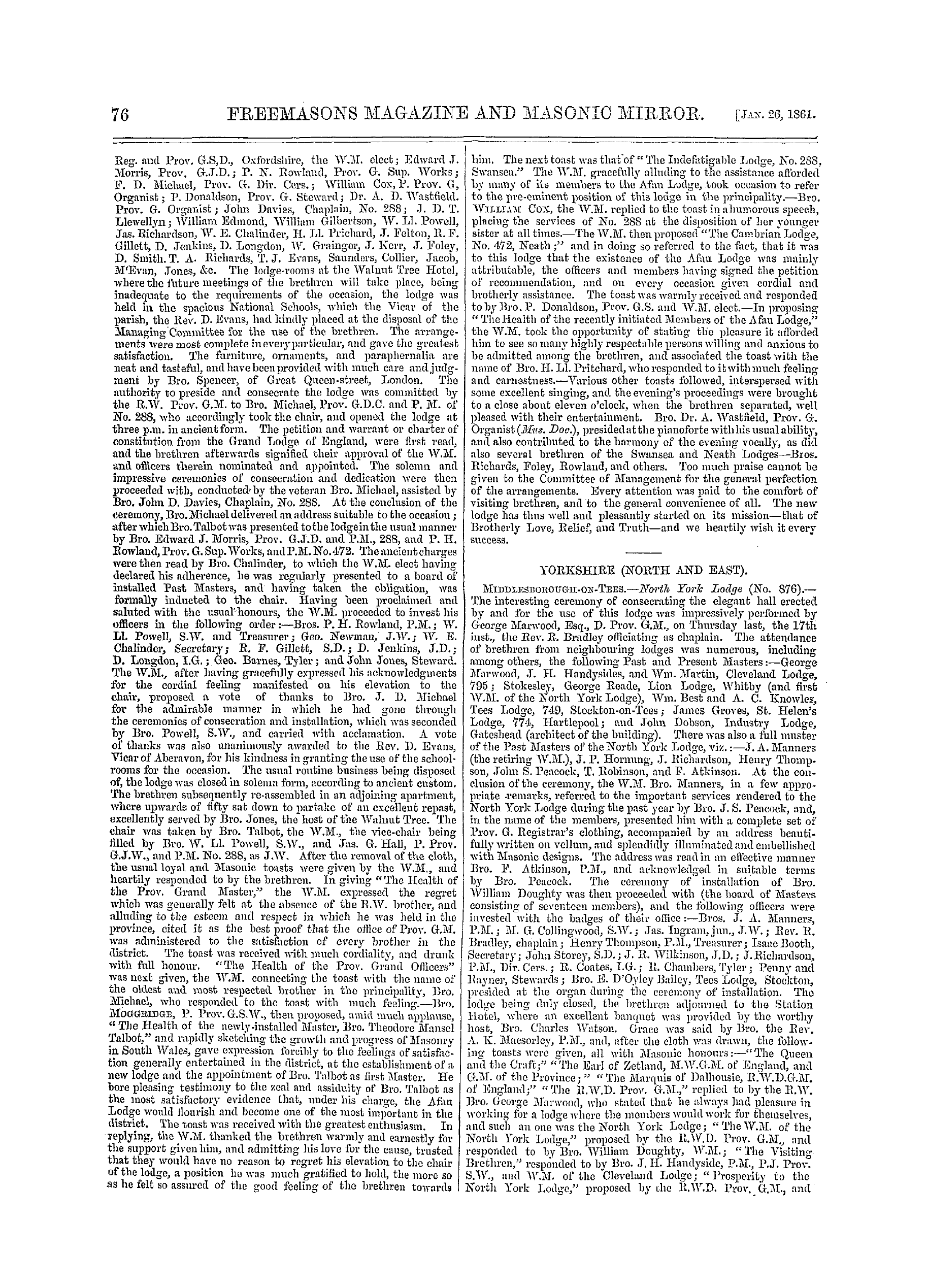 The Freemasons' Monthly Magazine: 1861-01-26 - Provincial.