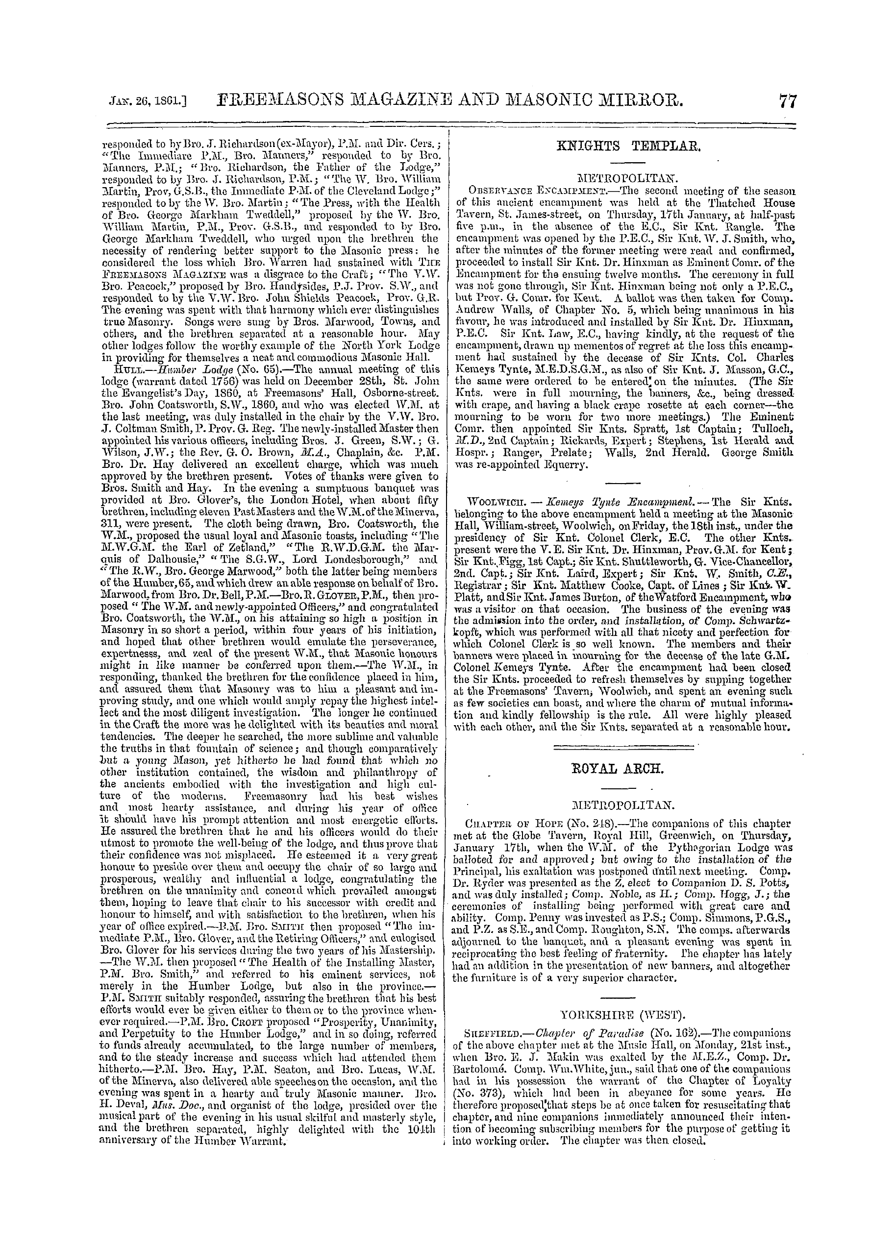 The Freemasons' Monthly Magazine: 1861-01-26 - Provincial.