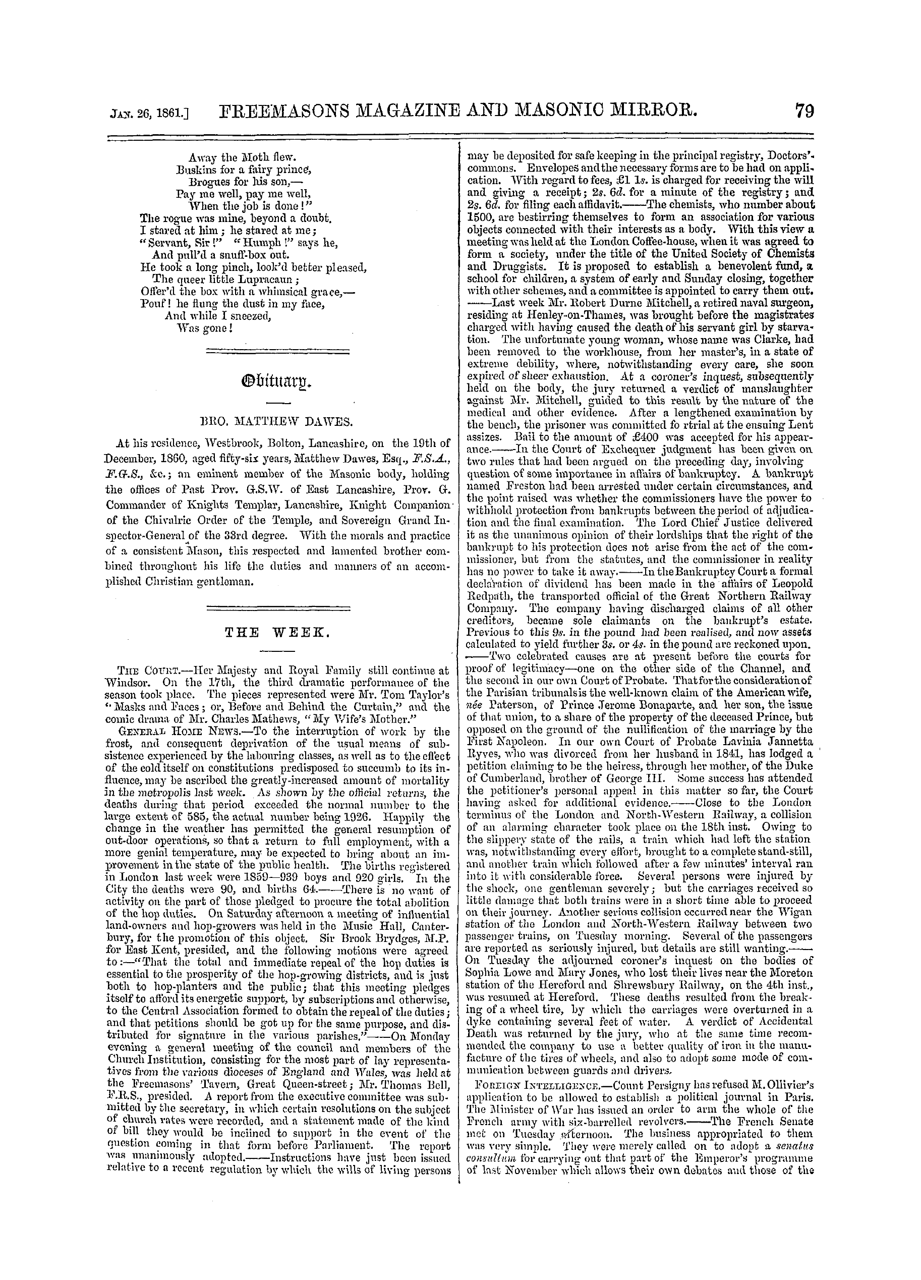 The Freemasons' Monthly Magazine: 1861-01-26 - The Week.