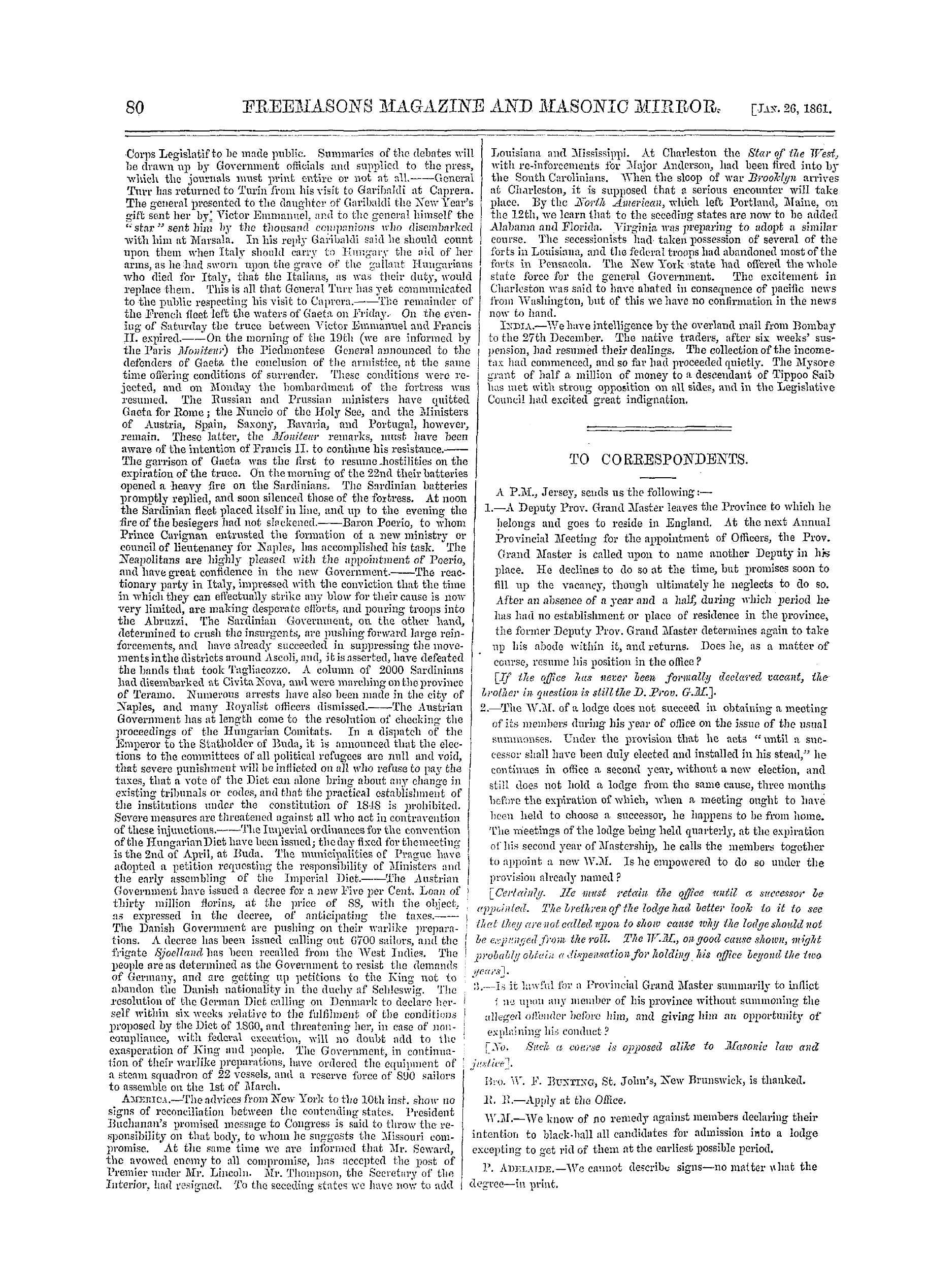 The Freemasons' Monthly Magazine: 1861-01-26 - The Week.