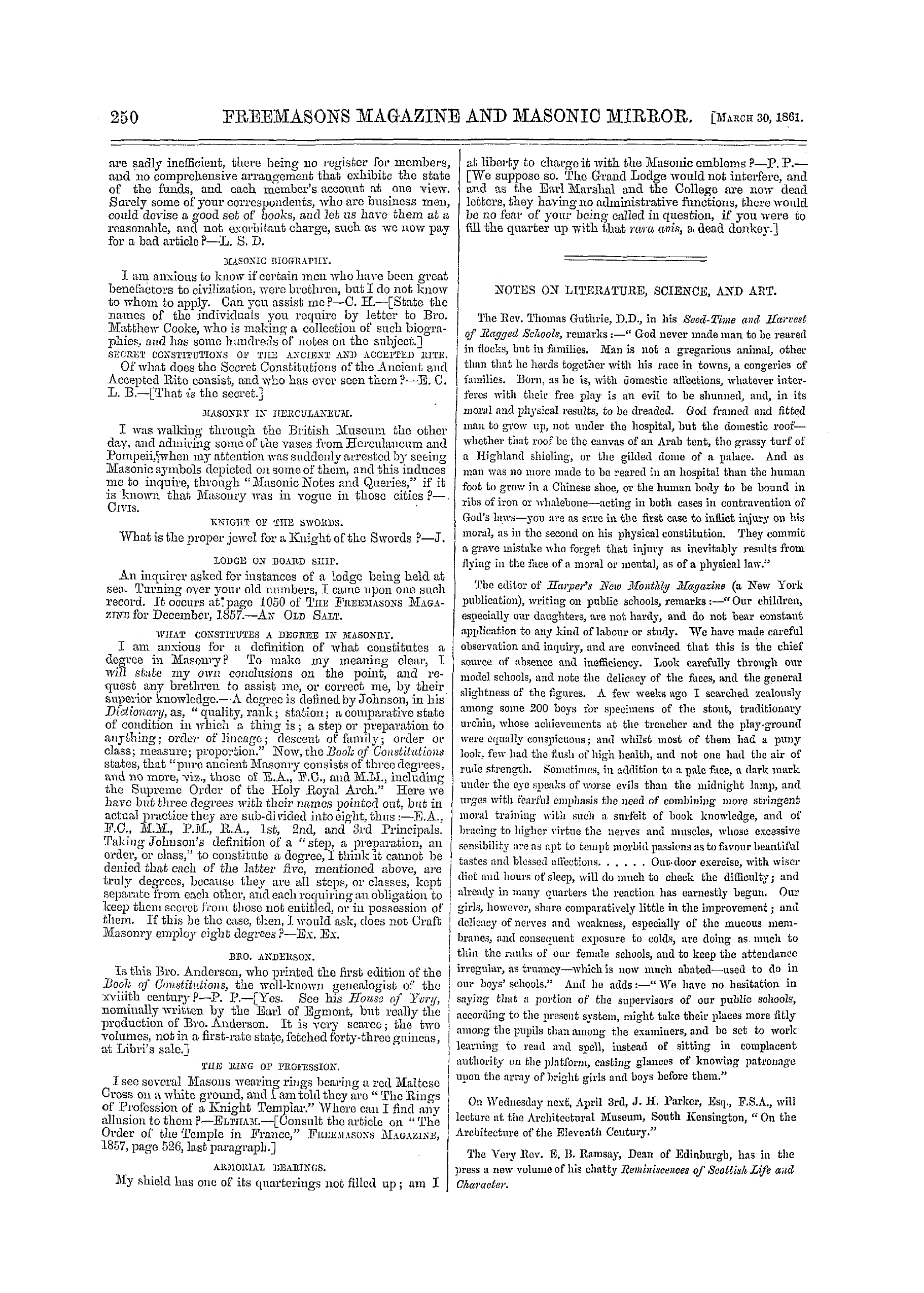 The Freemasons' Monthly Magazine: 1861-03-30 - Masonic Notes And Queries.