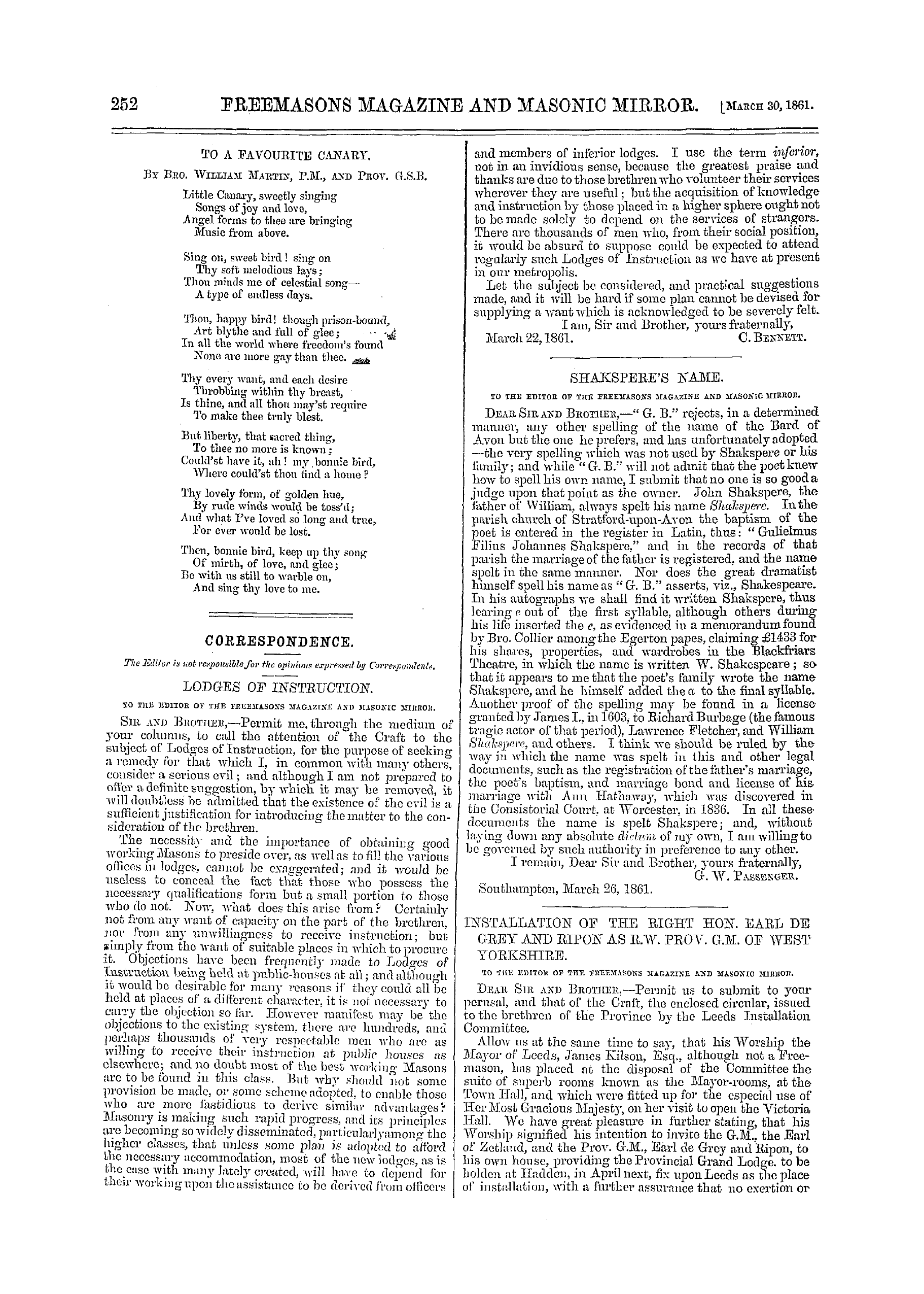 The Freemasons' Monthly Magazine: 1861-03-30 - Installation Of The Right Hon. Earl De Grey And Ripon As R.W. Prov. G.M. Of West Yorkshire.