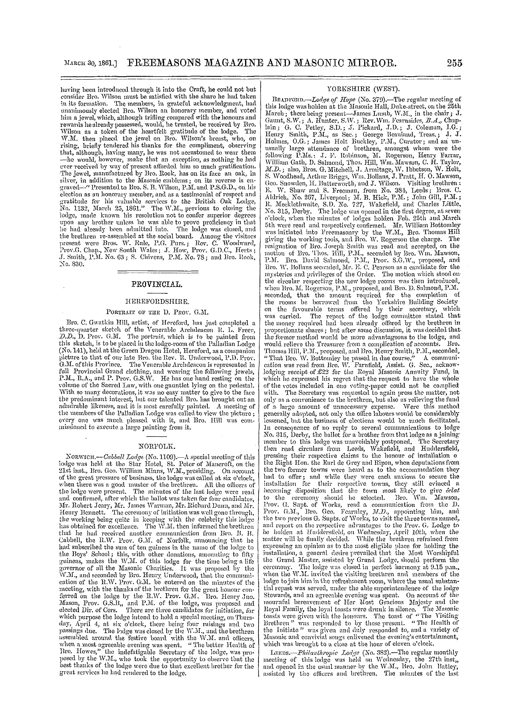 The Freemasons' Monthly Magazine: 1861-03-30 - Provincial.