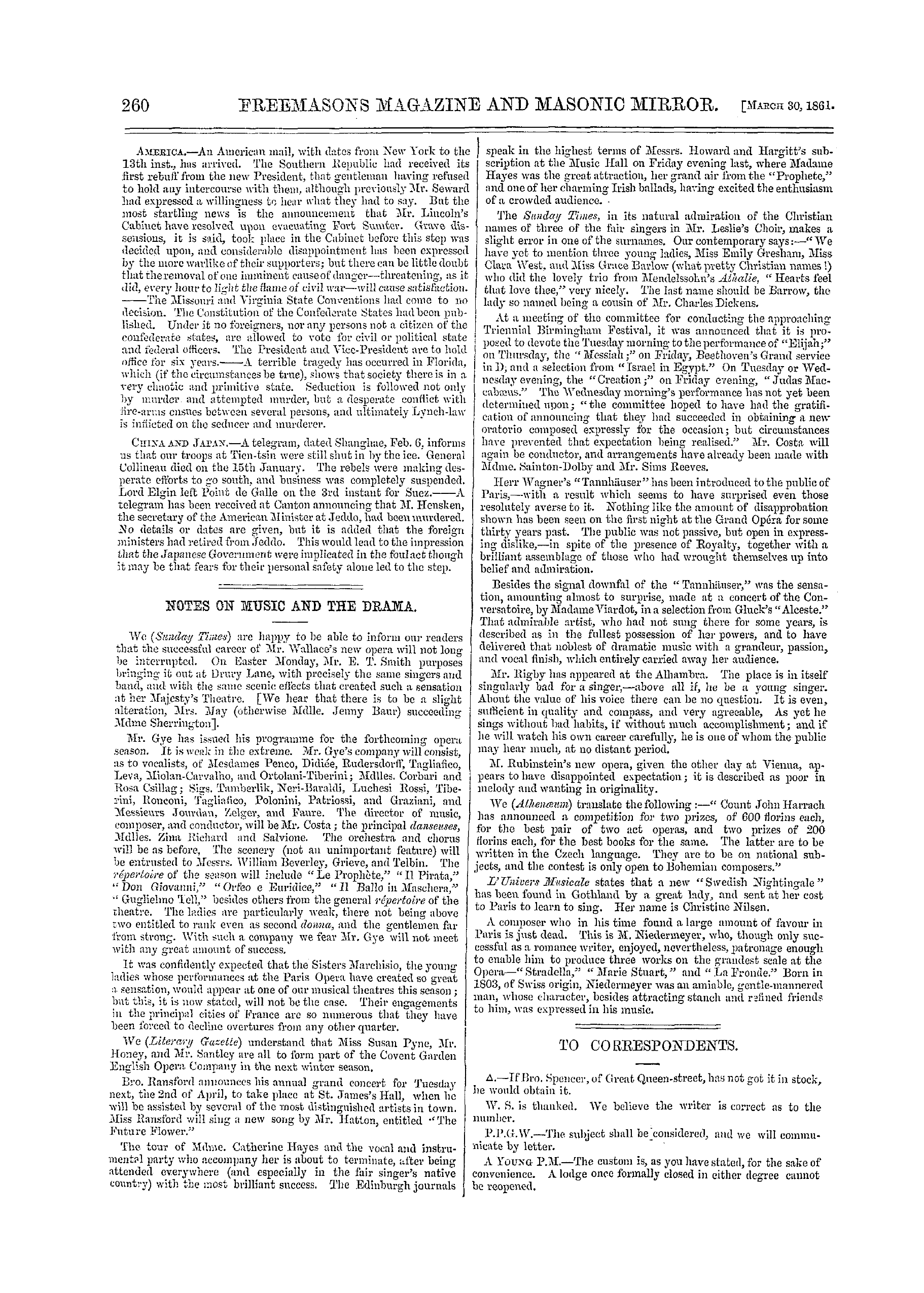 The Freemasons' Monthly Magazine: 1861-03-30 - The Week.