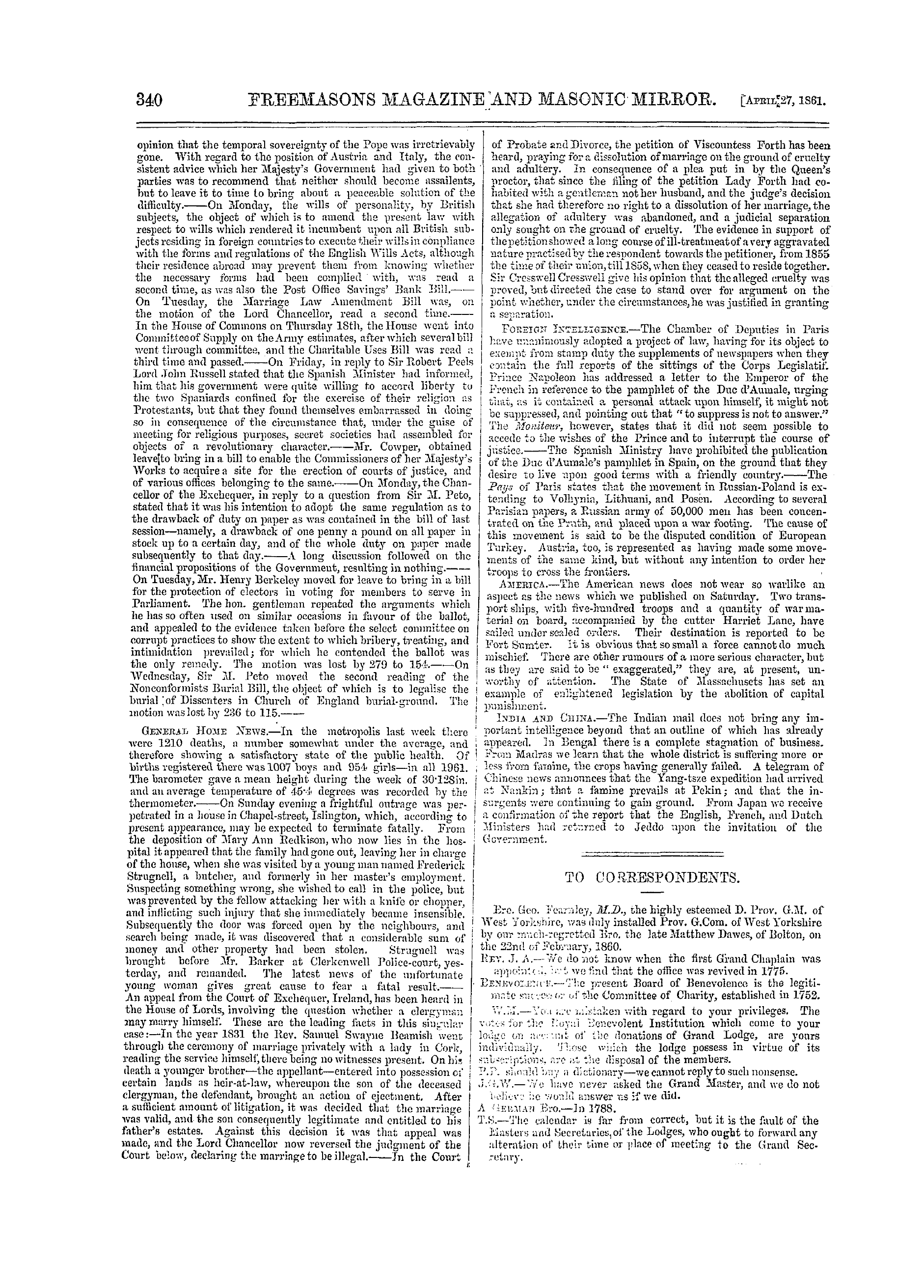 The Freemasons' Monthly Magazine: 1861-04-27 - The Week.