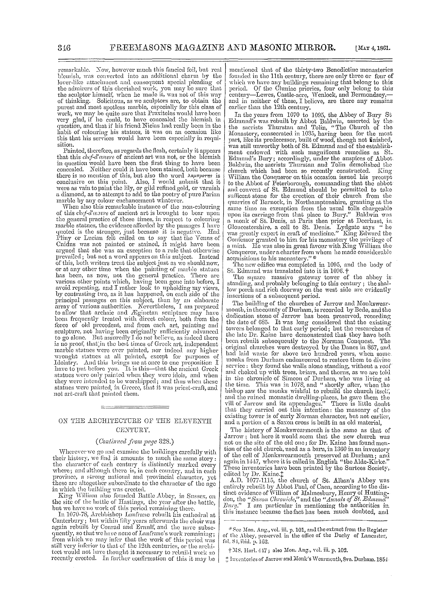 The Freemasons' Monthly Magazine: 1861-05-04 - On The Architecture Of The Eleventh Century.