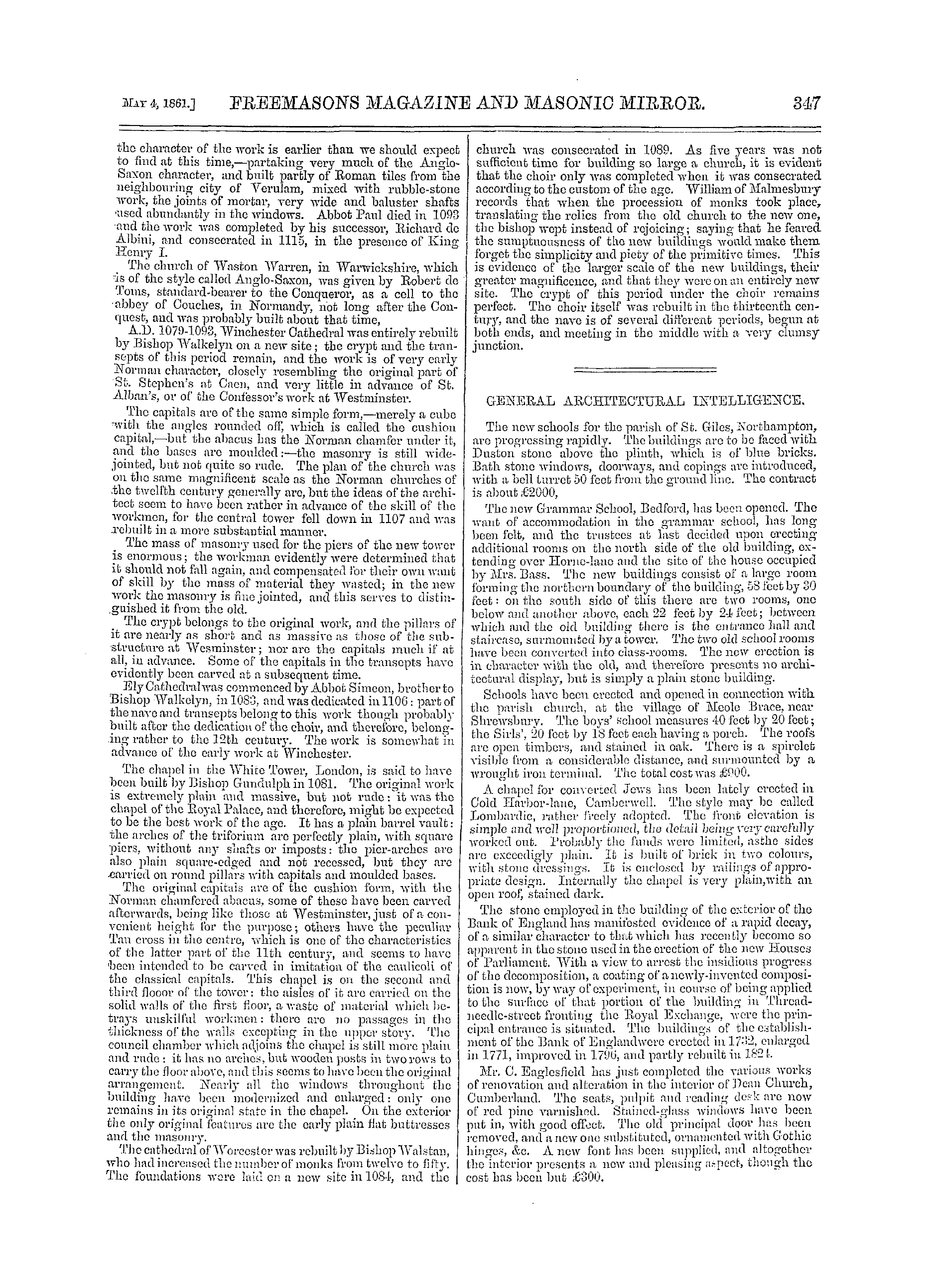 The Freemasons' Monthly Magazine: 1861-05-04 - On The Architecture Of The Eleventh Century.