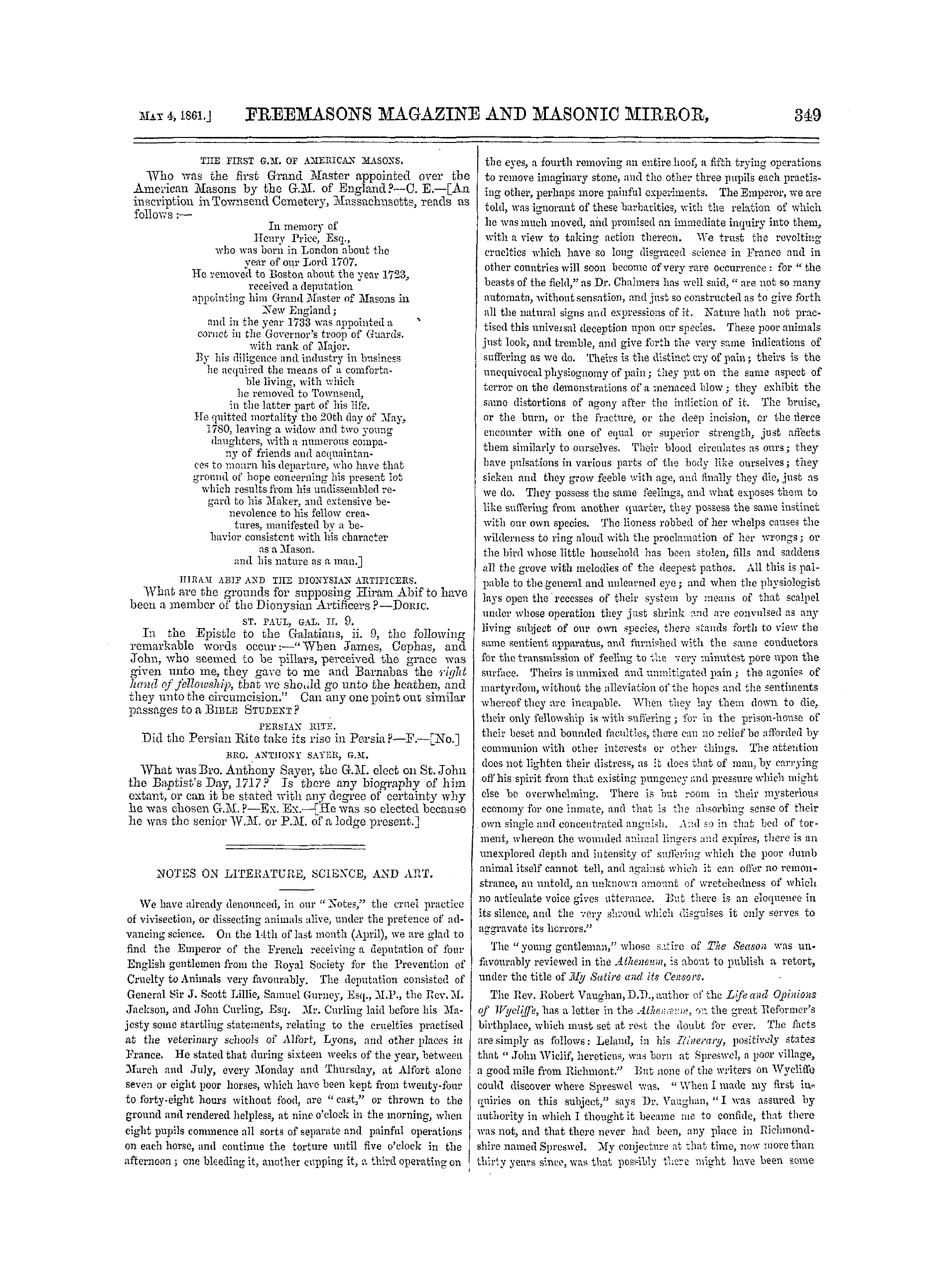 The Freemasons' Monthly Magazine: 1861-05-04 - Notes On Literature, Science, And Art.