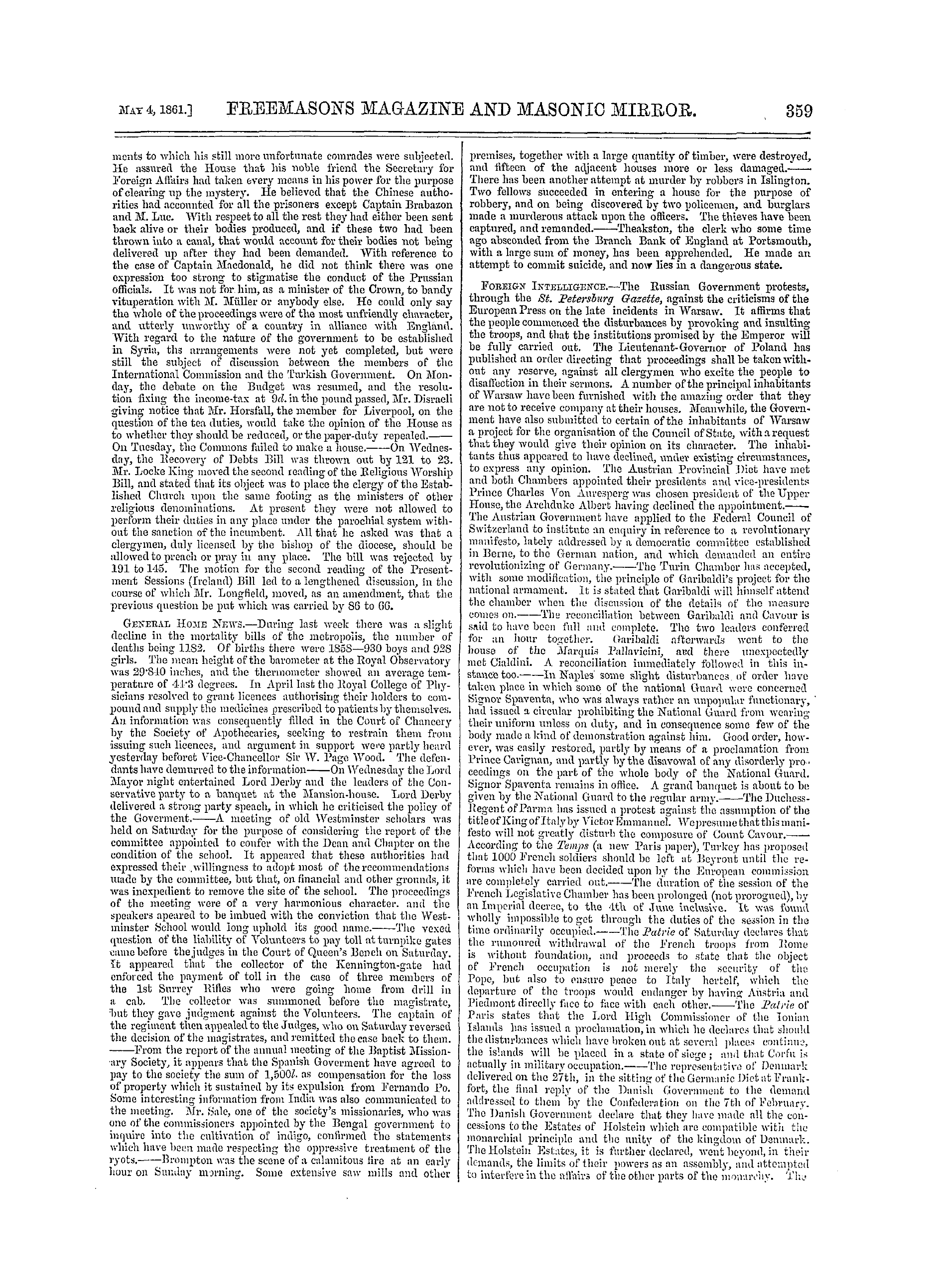 The Freemasons' Monthly Magazine: 1861-05-04 - The Week.