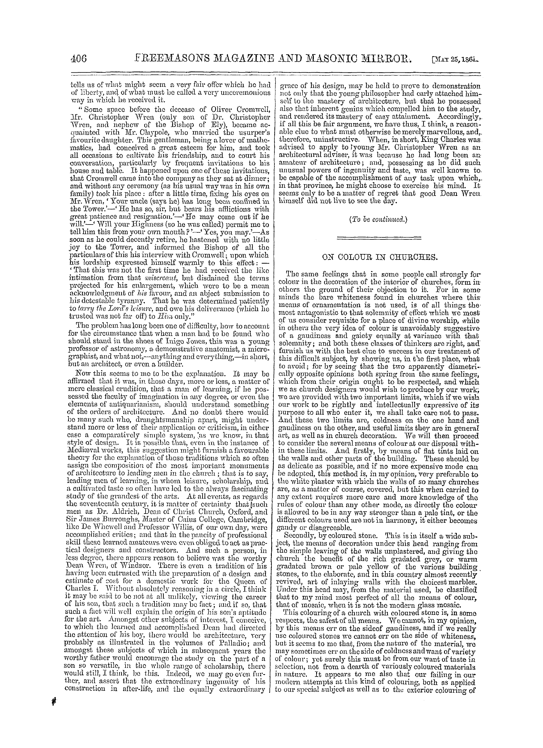 The Freemasons' Monthly Magazine: 1861-05-25 - On Colour In Churches.