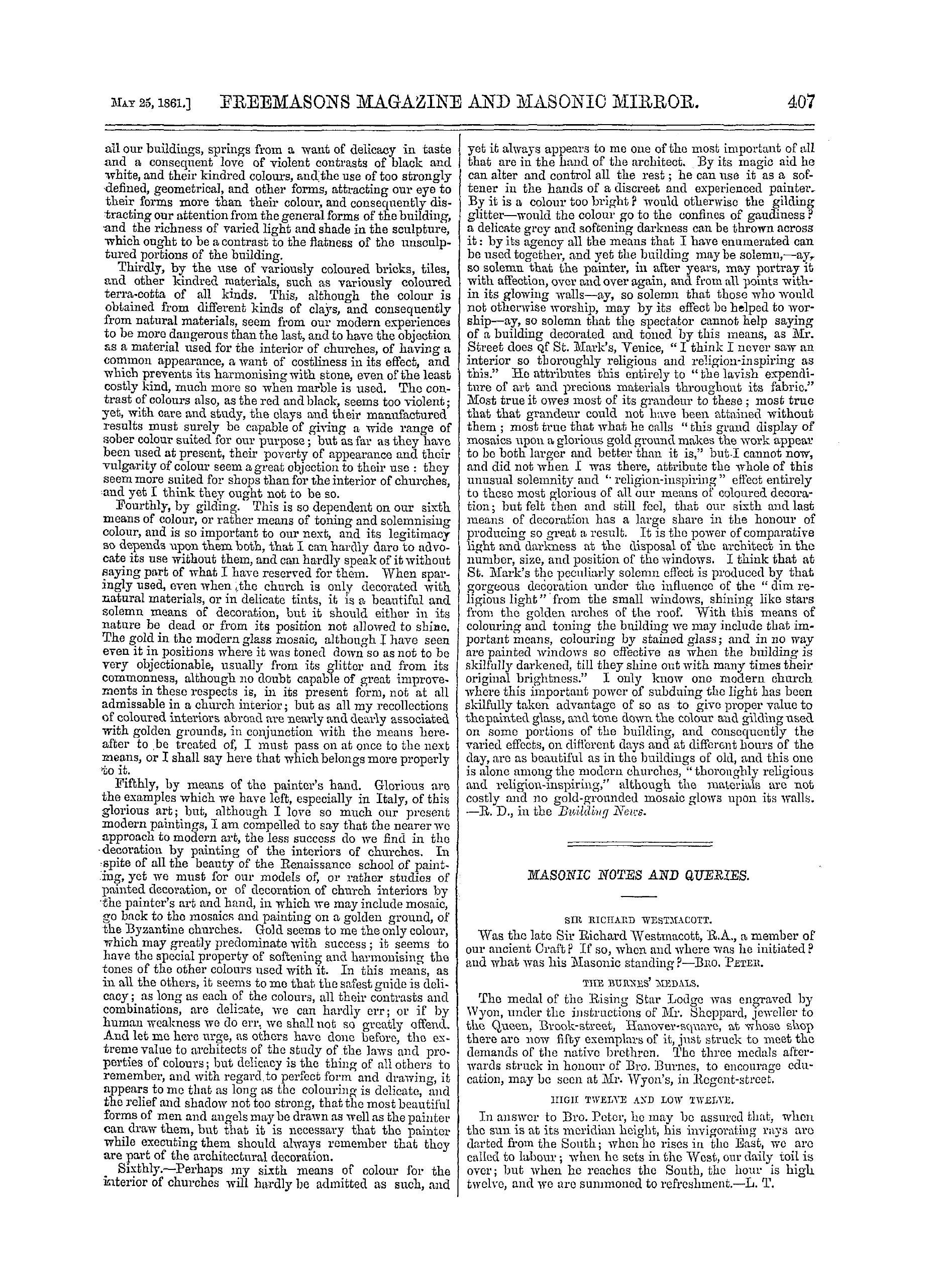 The Freemasons' Monthly Magazine: 1861-05-25 - On Colour In Churches.