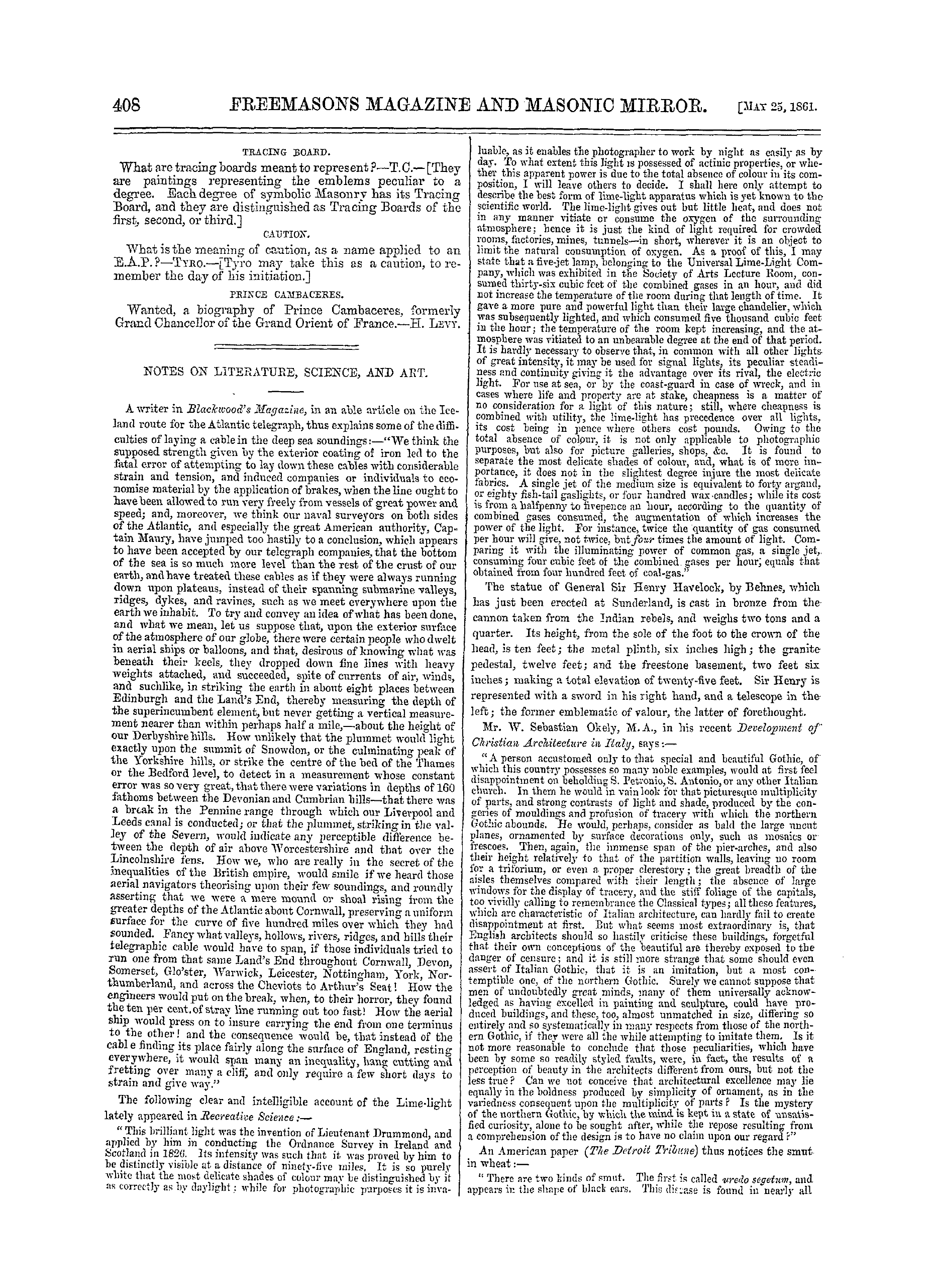 The Freemasons' Monthly Magazine: 1861-05-25 - Notes On Literature, Science, And Art.