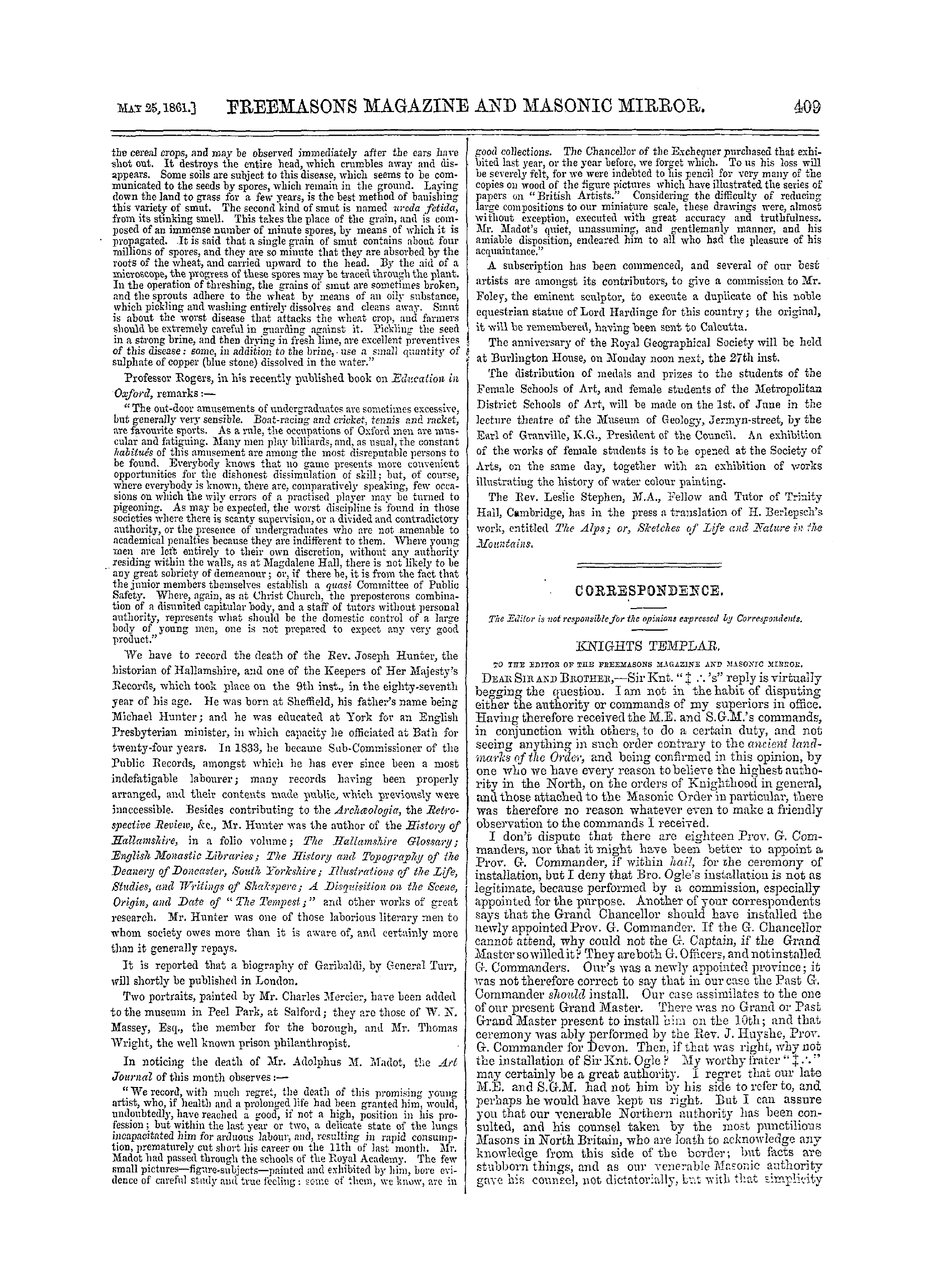 The Freemasons' Monthly Magazine: 1861-05-25 - Correspondence.
