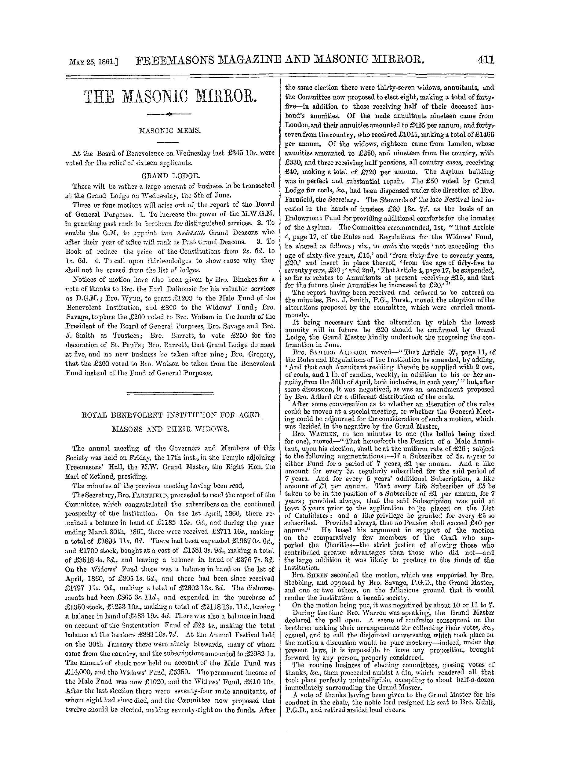 The Freemasons' Monthly Magazine: 1861-05-25 - Royal Benevolent Institution For Aged Masons And Their Widows.