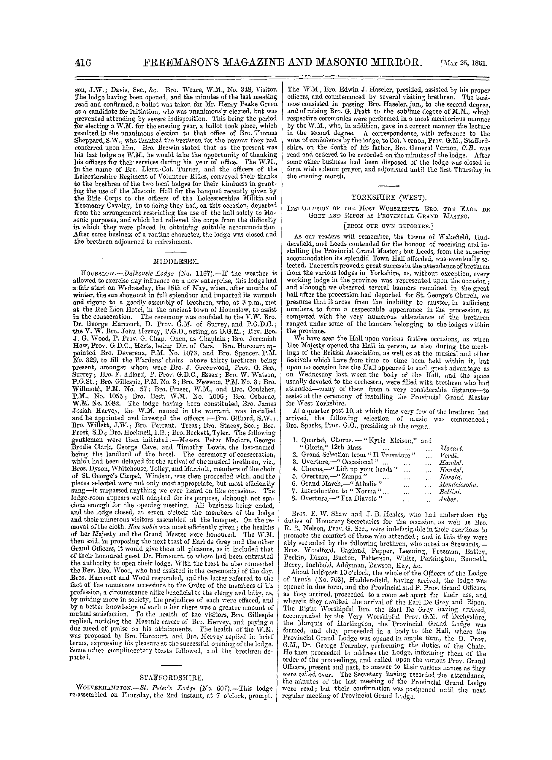 The Freemasons' Monthly Magazine: 1861-05-25 - : Provincial.