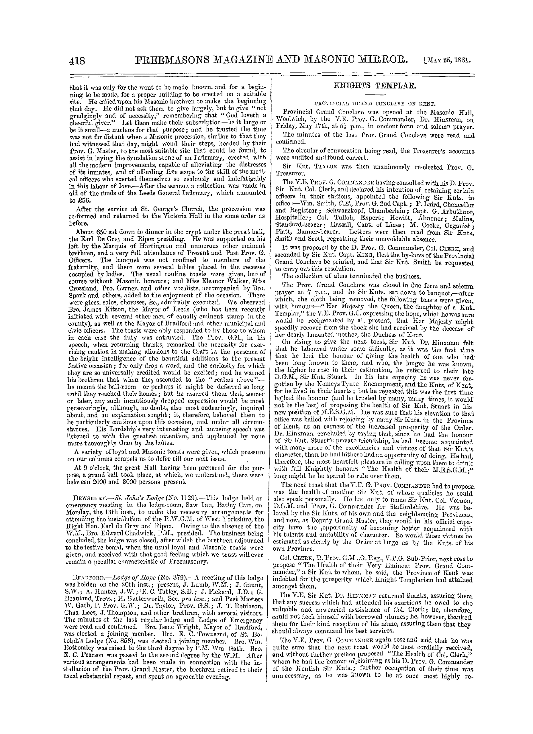 The Freemasons' Monthly Magazine: 1861-05-25 - Knights Templar.