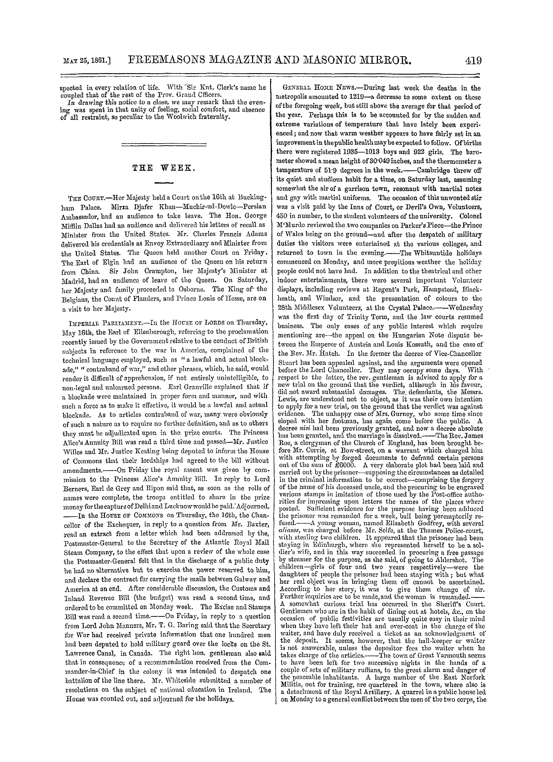 The Freemasons' Monthly Magazine: 1861-05-25: 19