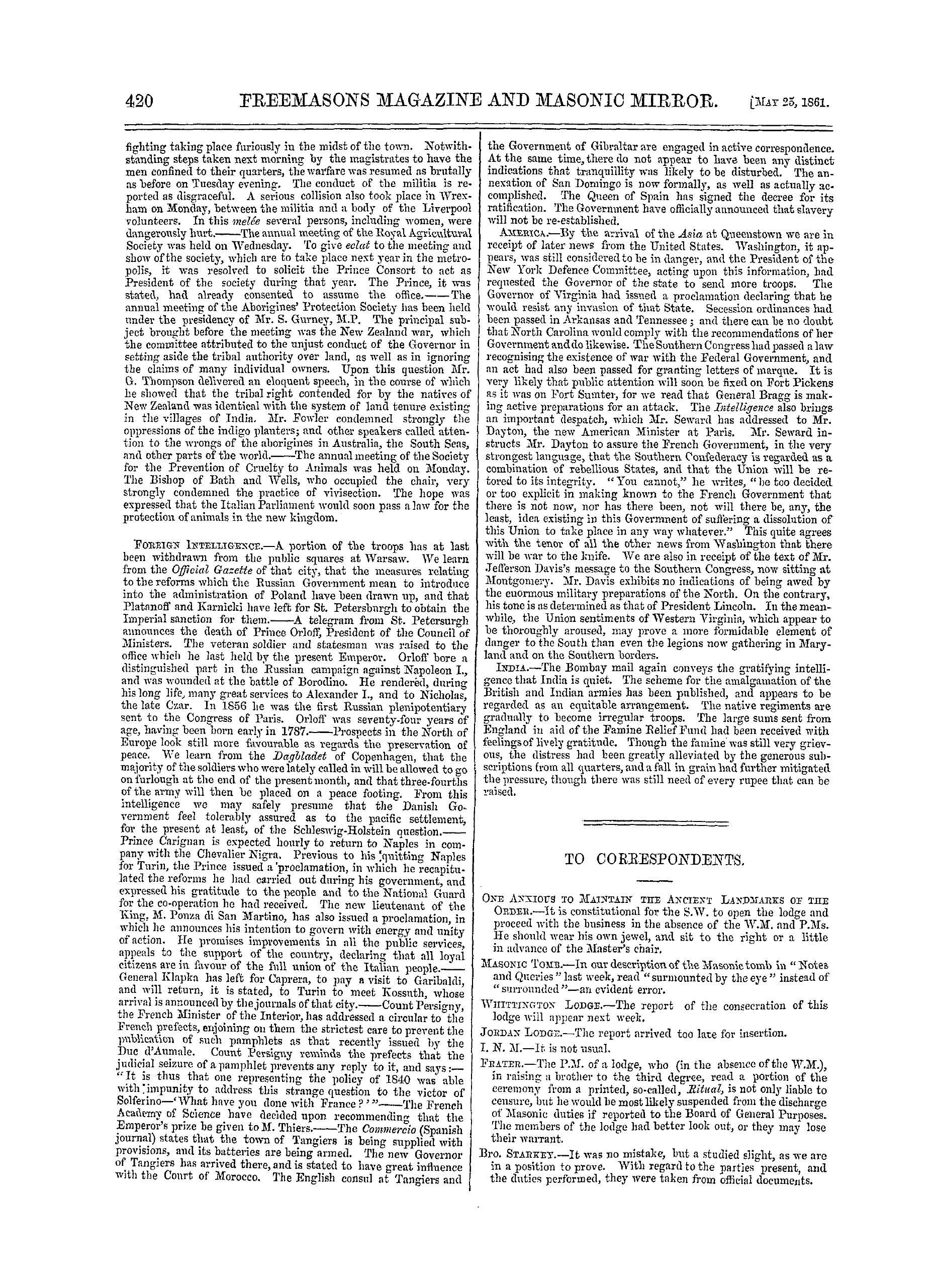 The Freemasons' Monthly Magazine: 1861-05-25 - The Week.