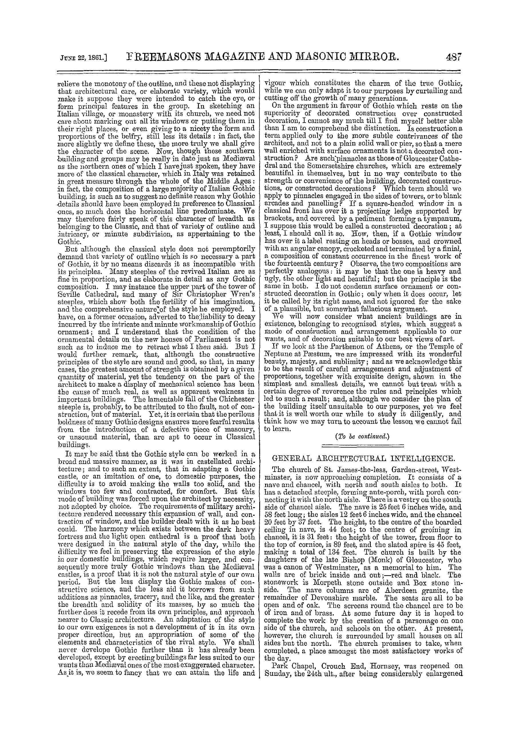 The Freemasons' Monthly Magazine: 1861-06-22 - General Architectural Intelligence.