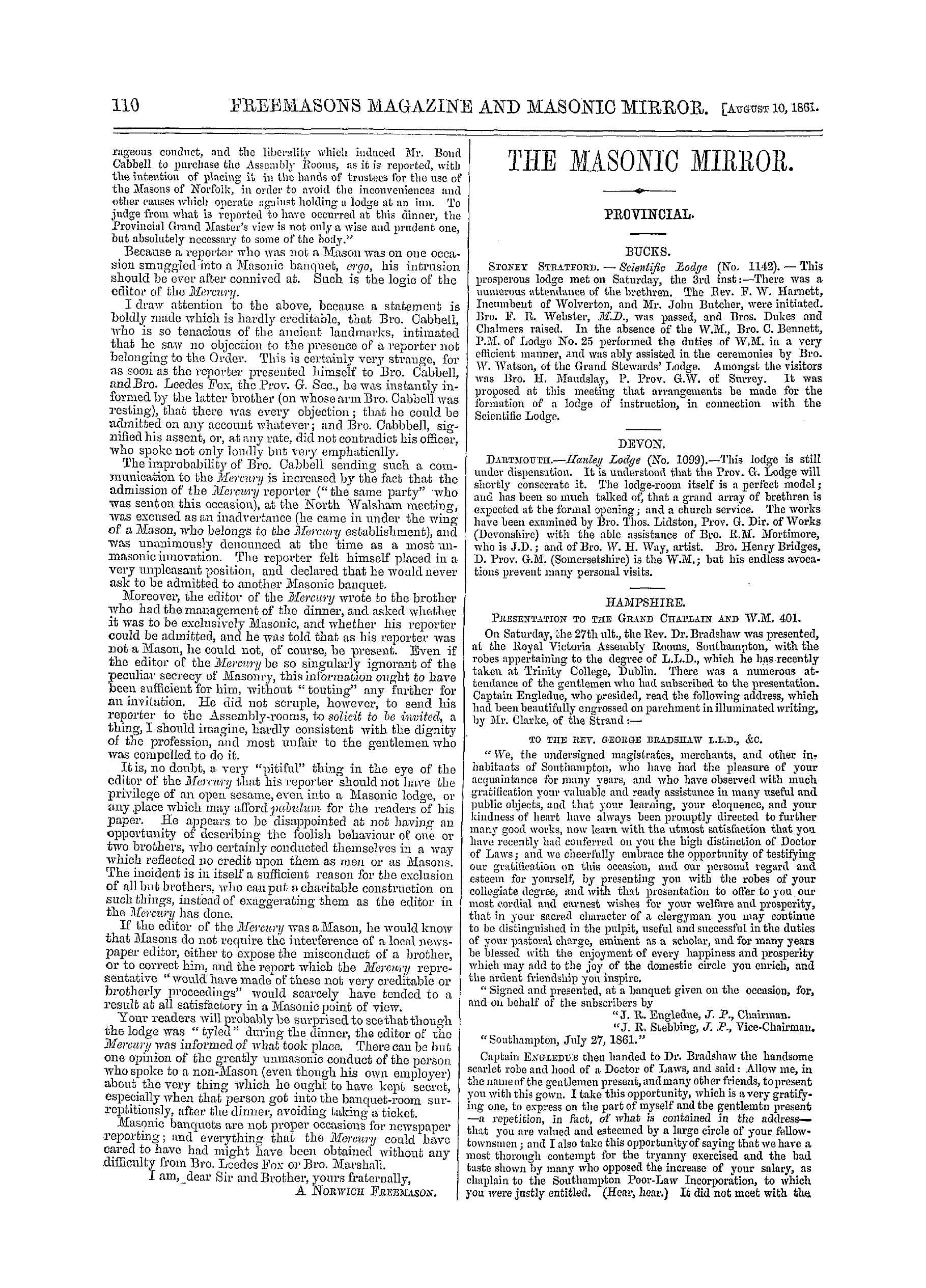 The Freemasons' Monthly Magazine: 1861-08-10 - Admission Of Non-Masons To Masonic Banquets.