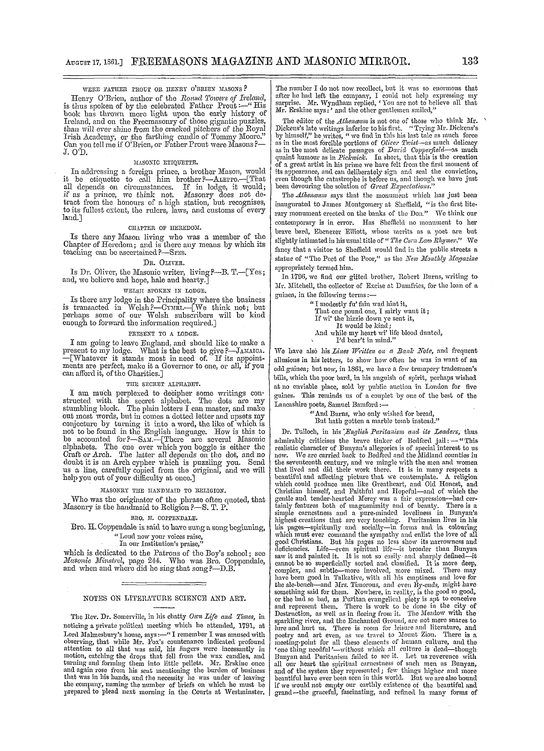 The Freemasons' Monthly Magazine: 1861-08-17 - Masonic Notes And Queries.