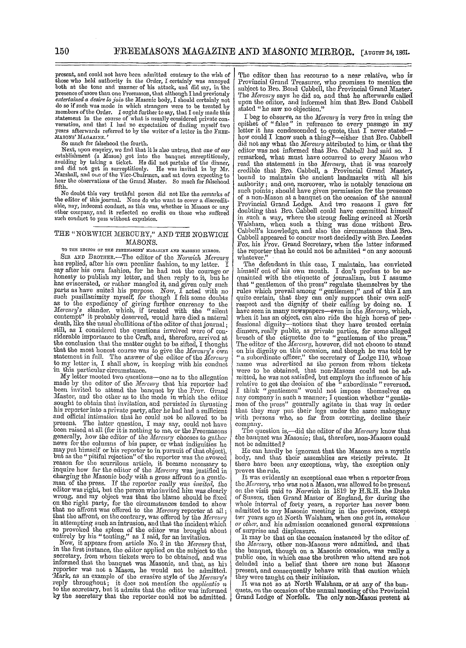 The Freemasons' Monthly Magazine: 1861-08-24 - The "Norwich Mercury," And The Norwich Masons.